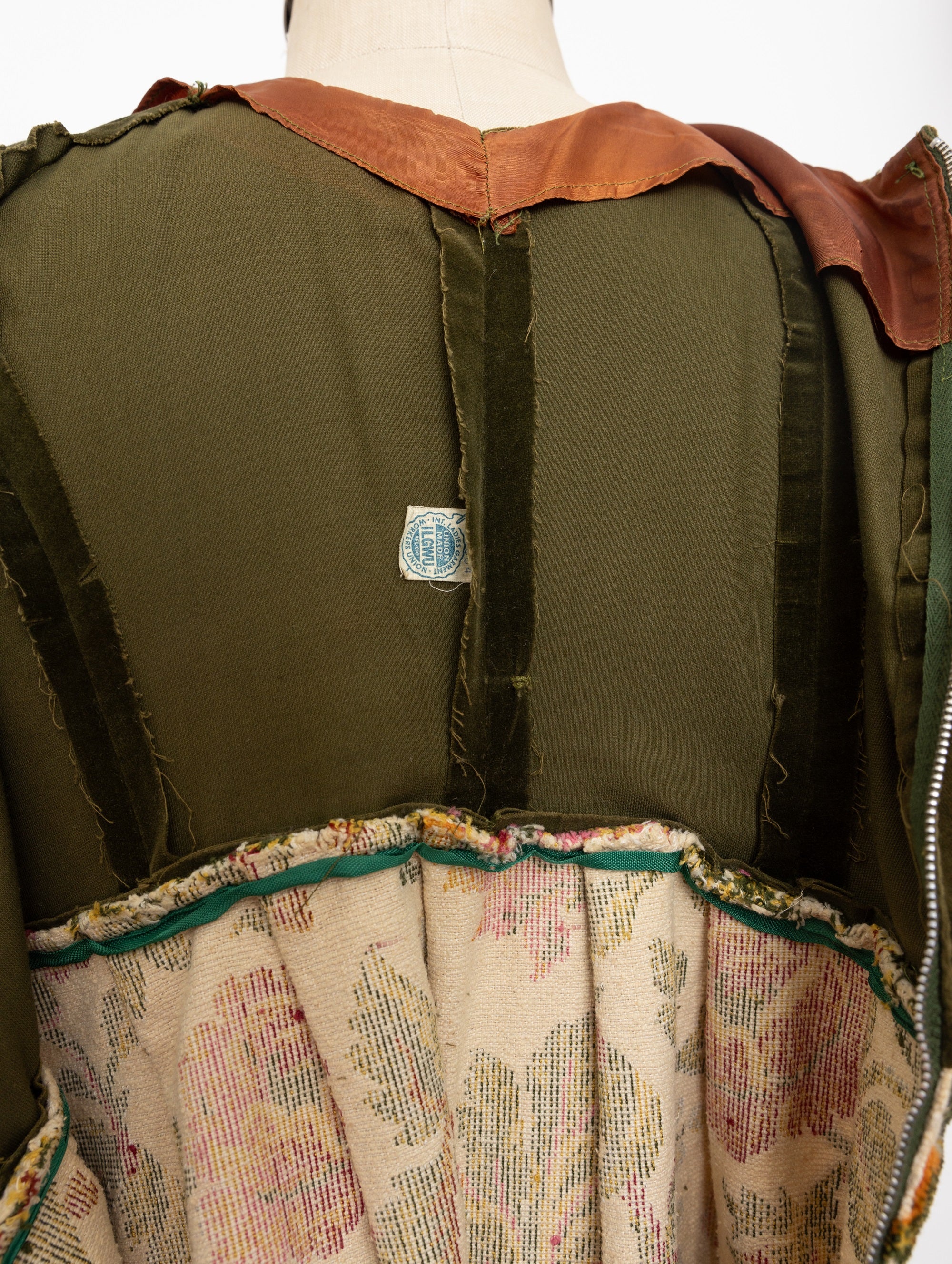 60s olive green upholstery floral shift dress