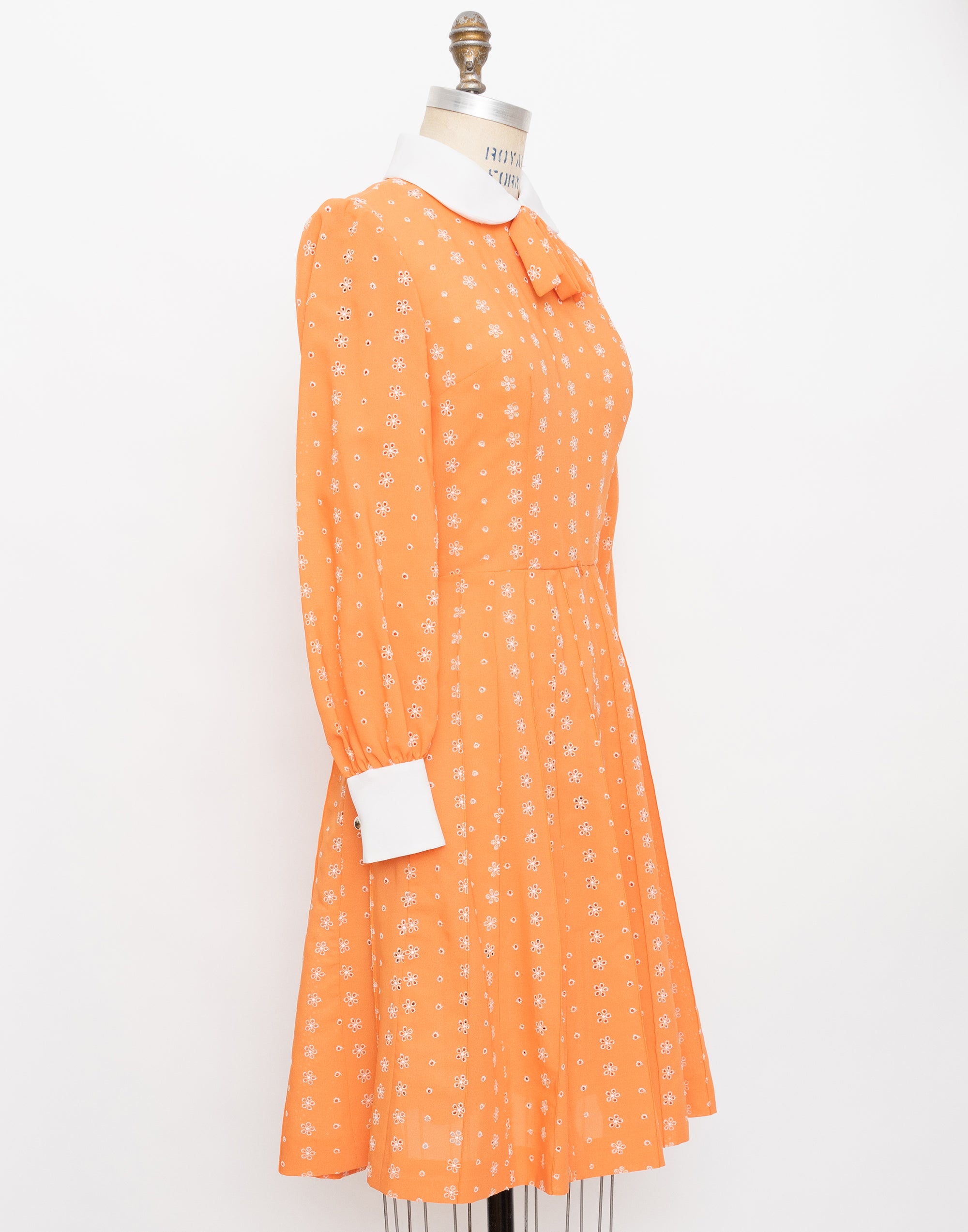60s Herman Marcus orange eyelet long sleeve dress with white peter pan collar + cuffs 2