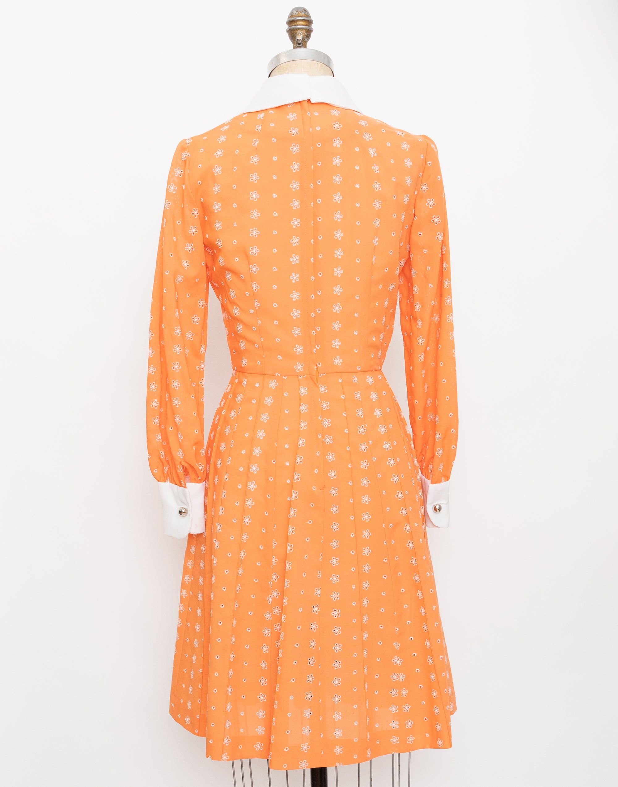 60s Herman Marcus orange eyelet long sleeve dress with white peter pan collar + cuffs 3