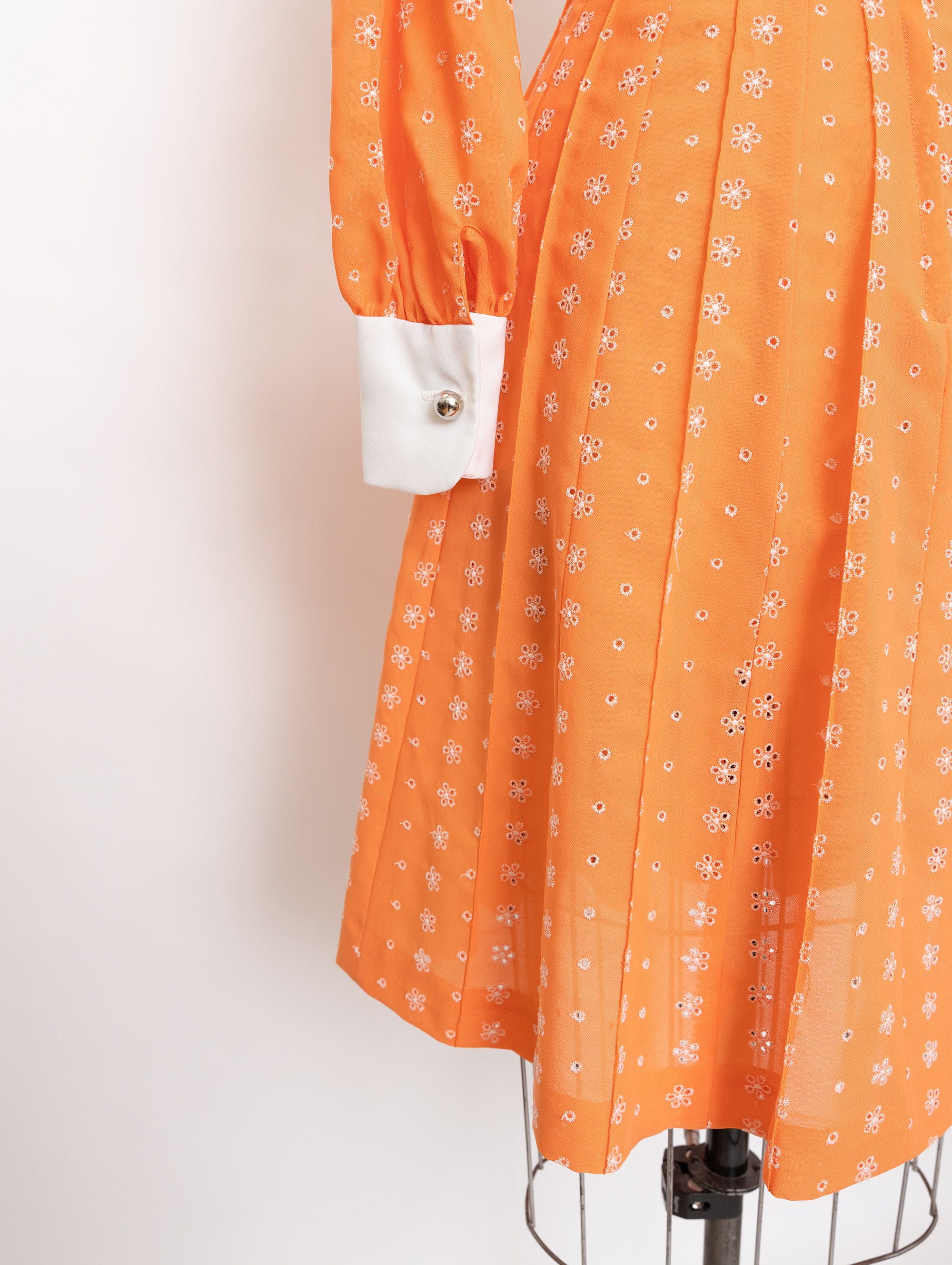 60s Herman Marcus orange eyelet long sleeve dress with white peter pan collar + cuffs 4