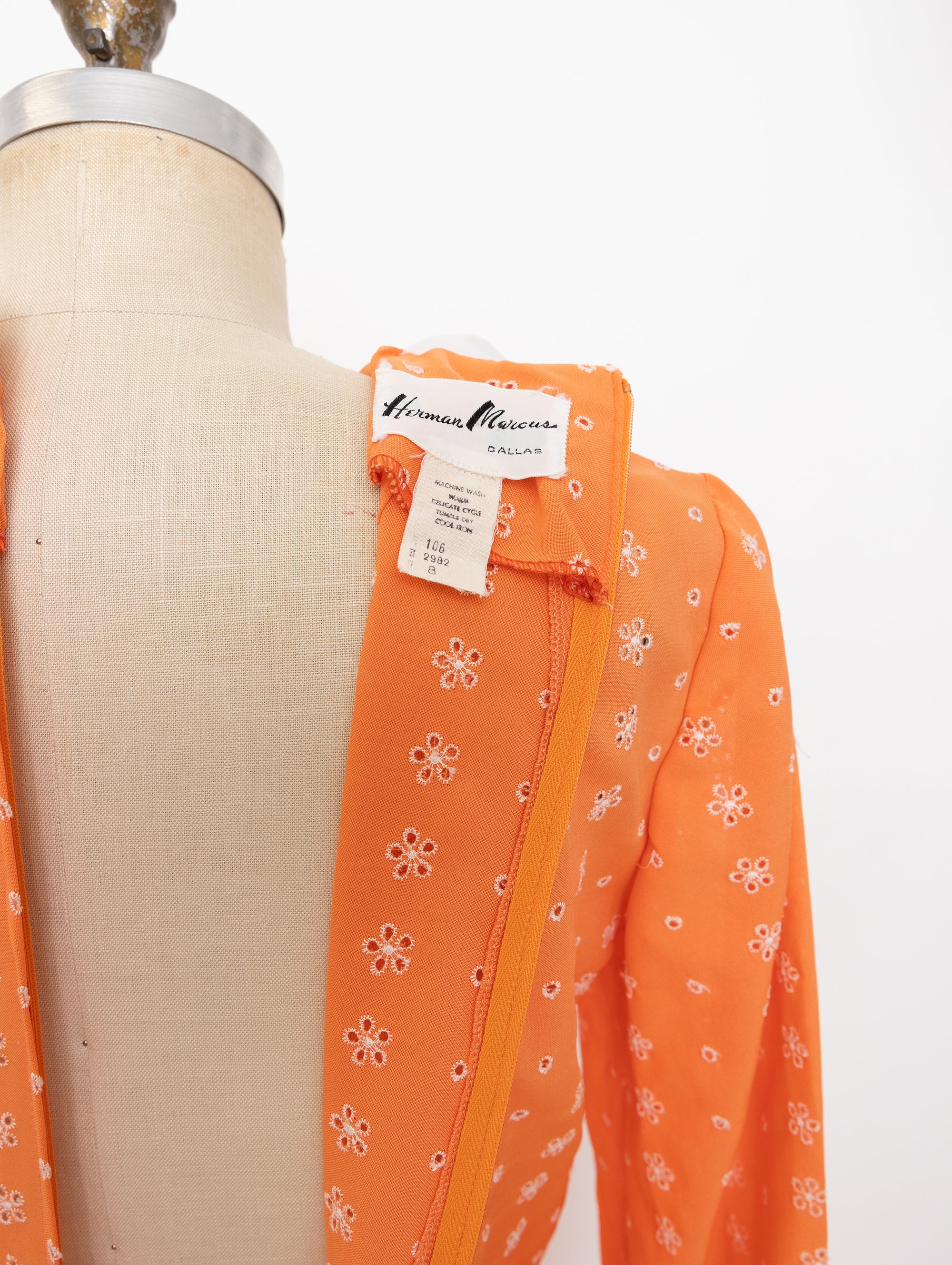 60s Herman Marcus orange eyelet long sleeve dress with white peter pan collar + cuffs 7