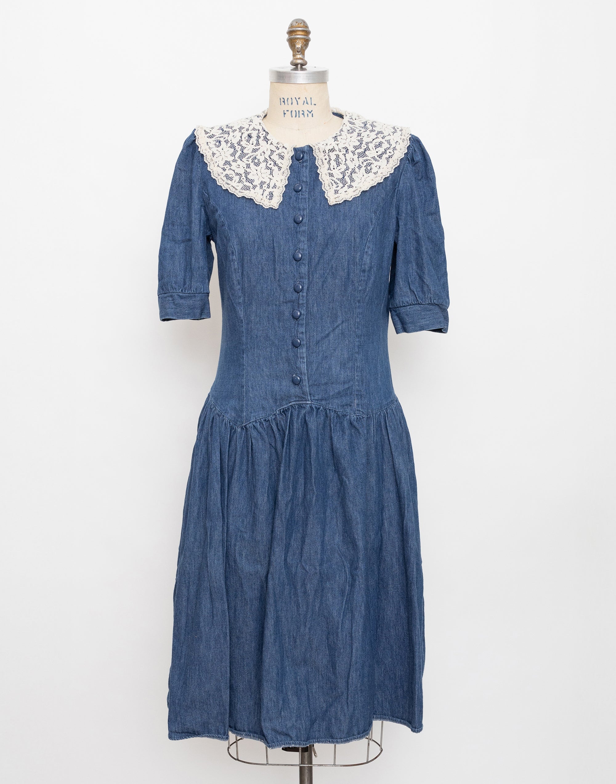 90s denim short sleeve dress with lace collar