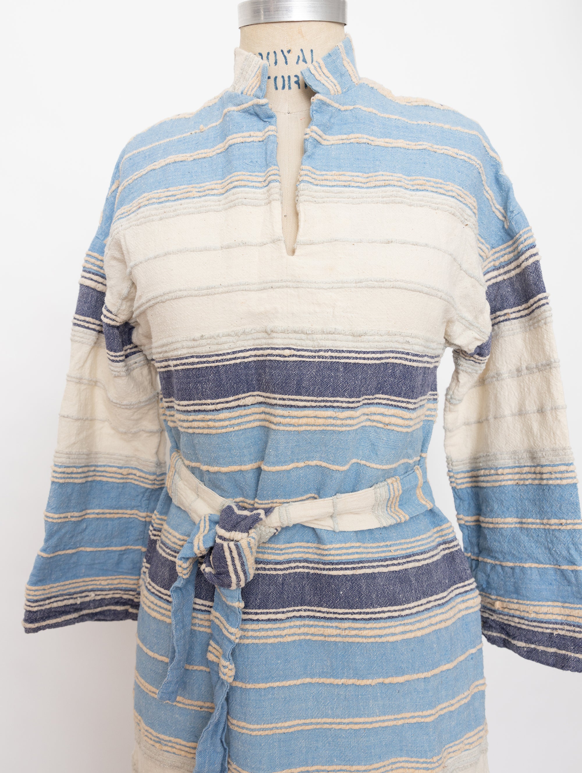 70s light and dark blue cream striped long sleeve dress