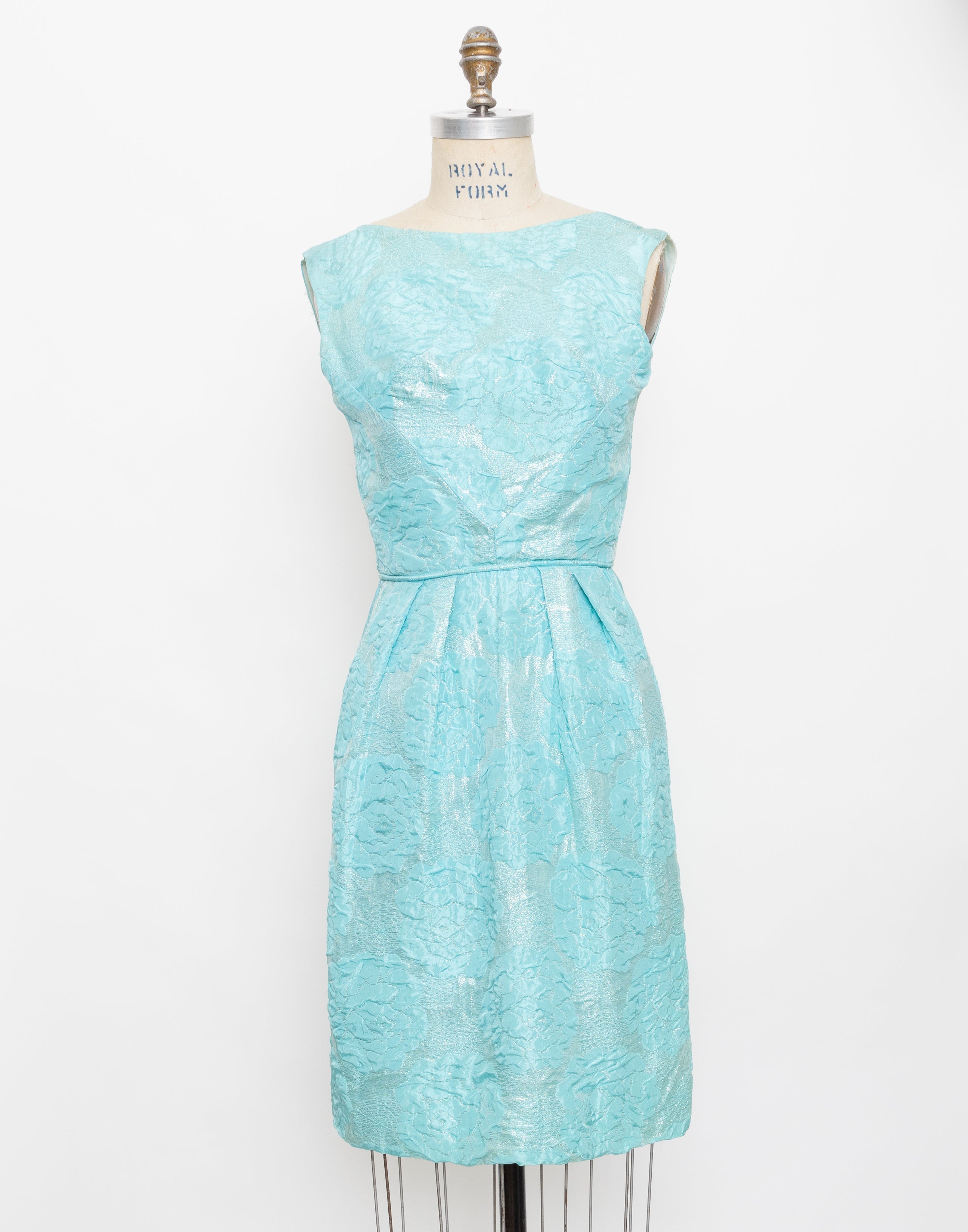 60s aqua metallic brocade flower + spiderweb wiggle dress