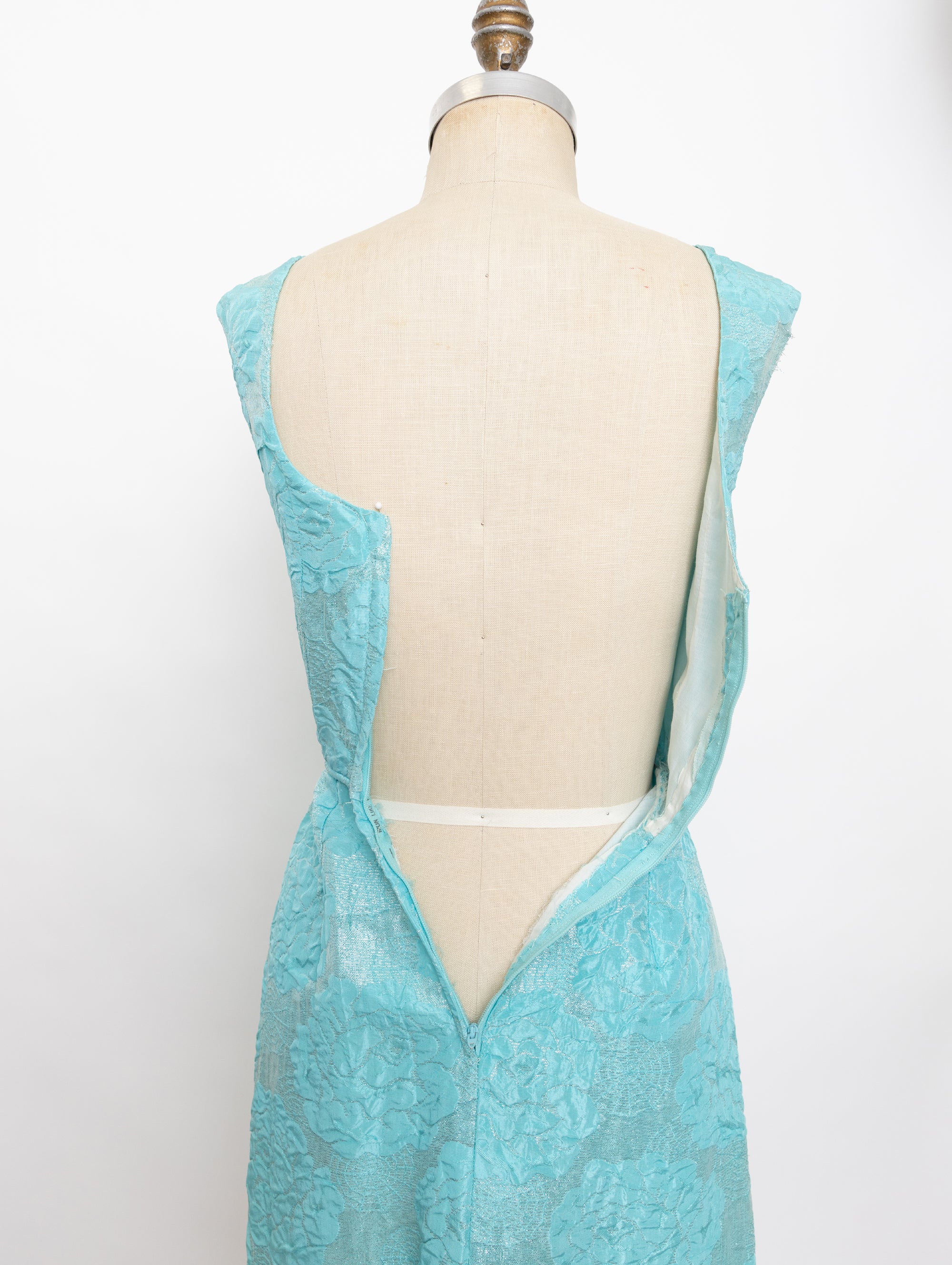 60s aqua metallic brocade flower + spiderweb wiggle dress