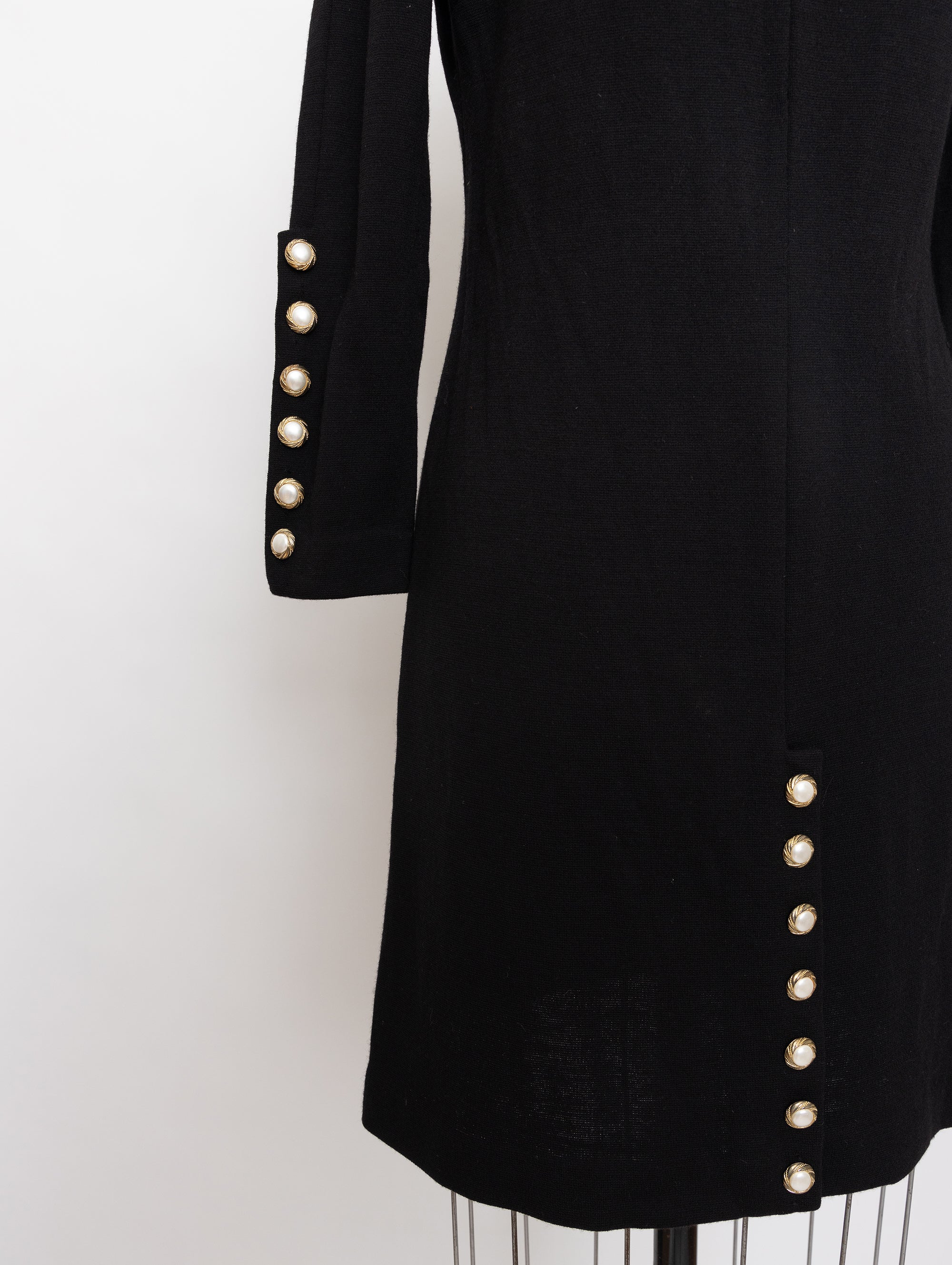 70s black mock neck long sleeve wool dress with pearl button detail