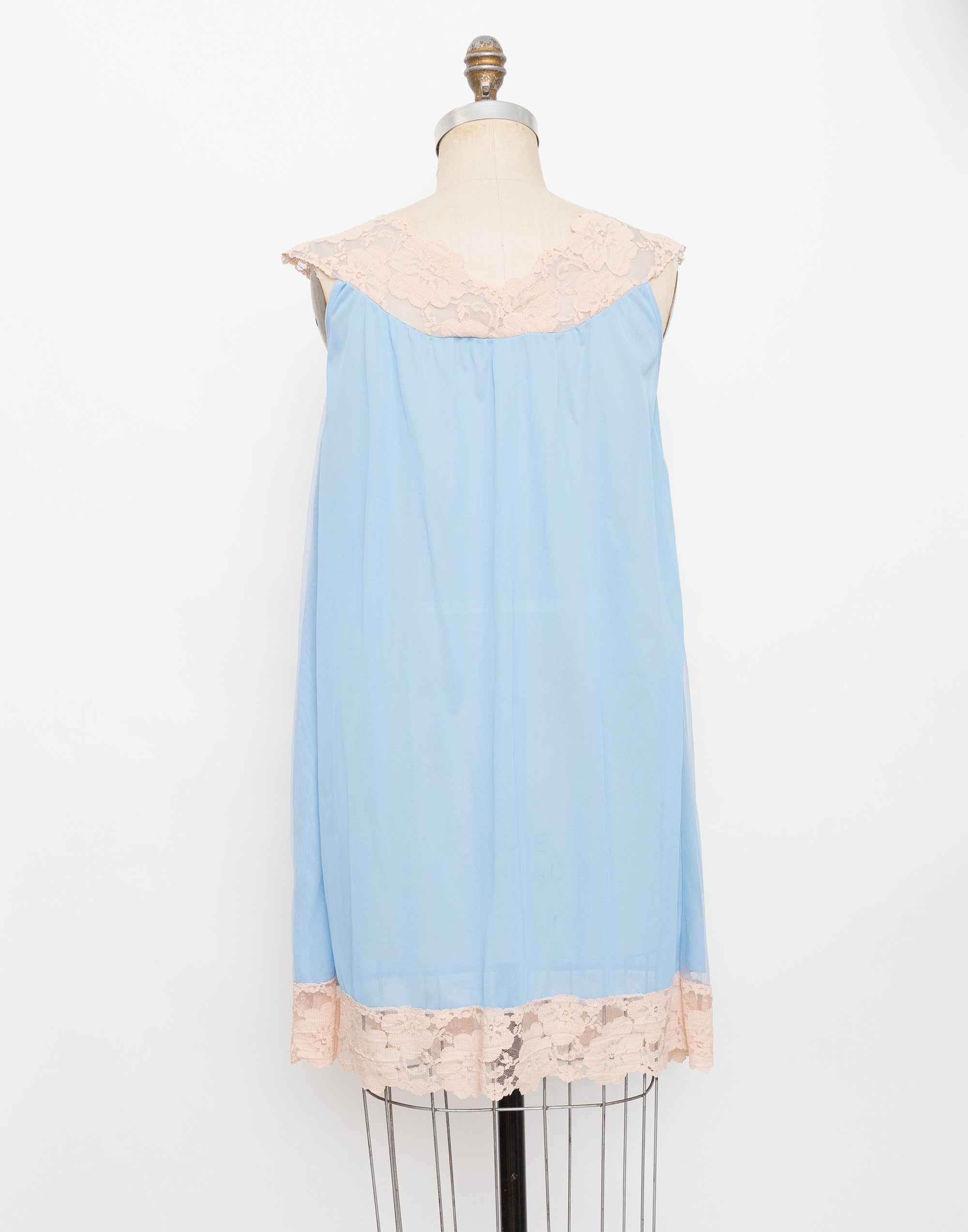 60s light blue tulle nude lace slip