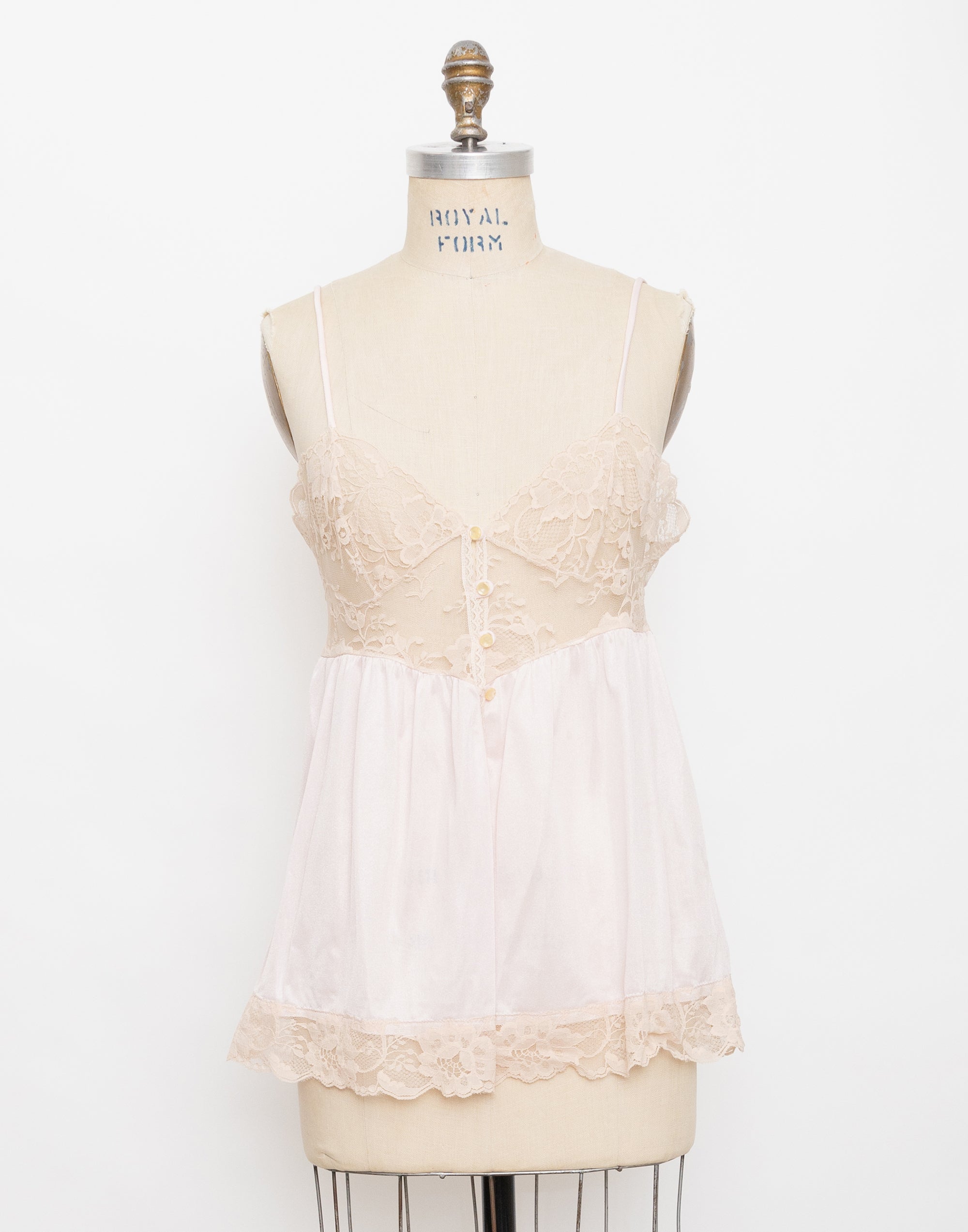 80s/90s sheer nude lace bodice pink ruffle babydoll slip top