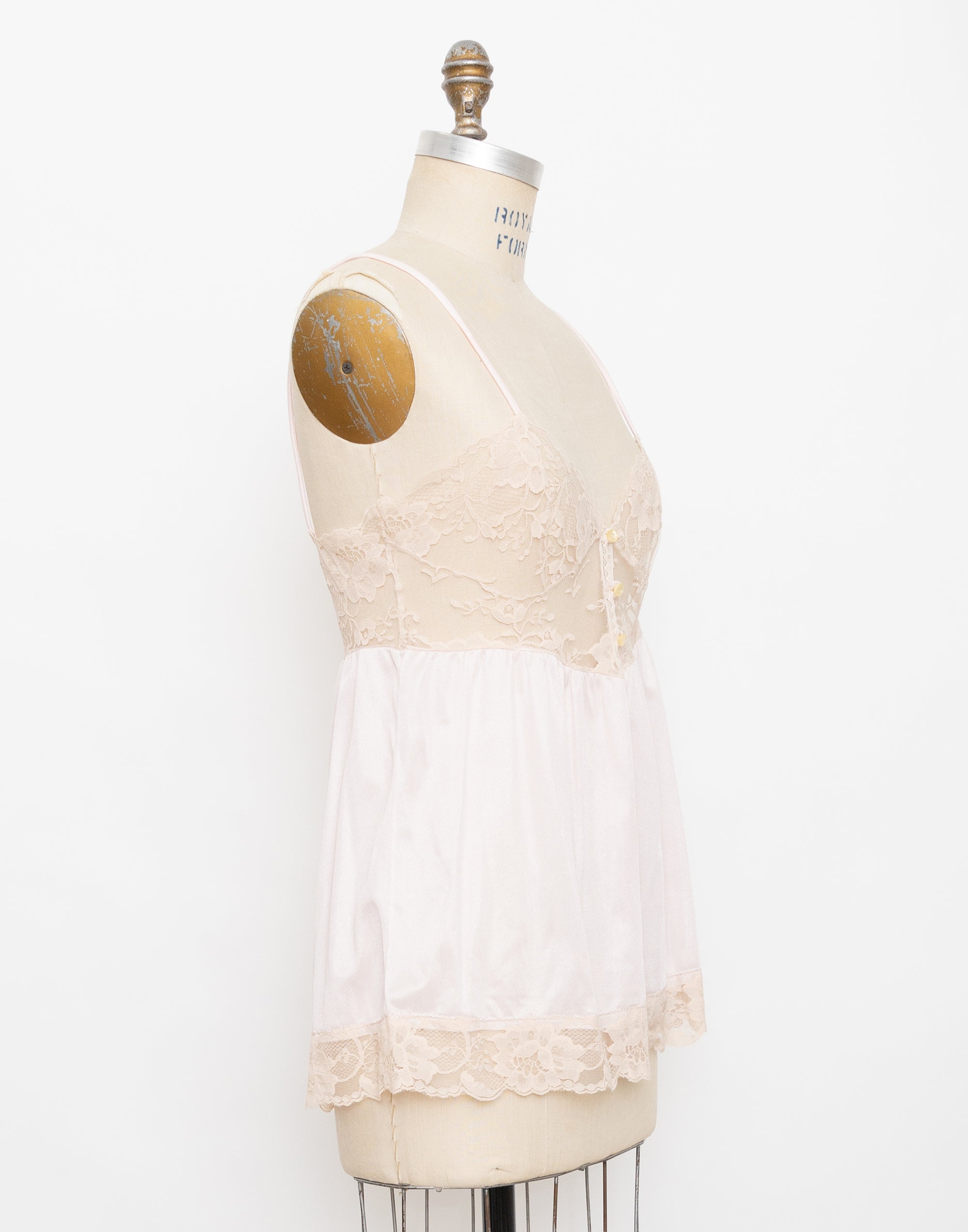 80s/90s sheer nude lace bodice pink ruffle babydoll slip top