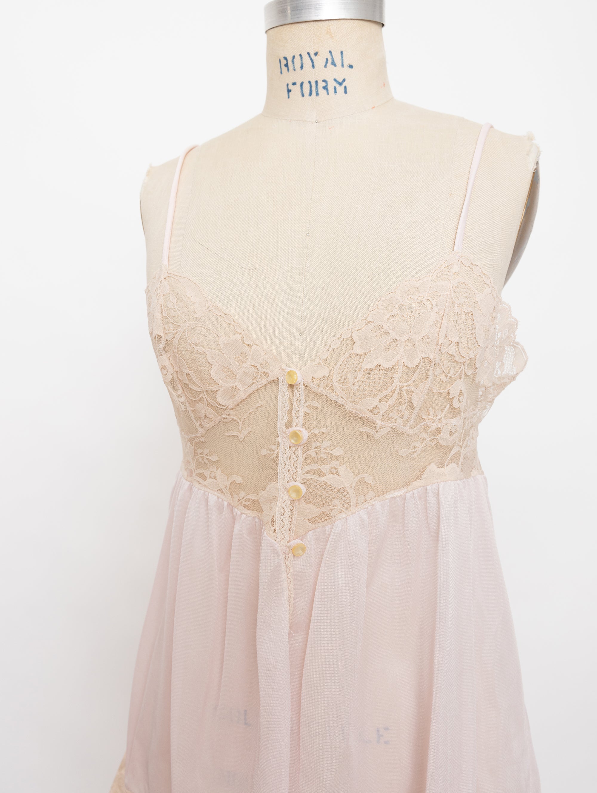 80s/90s sheer nude lace bodice pink ruffle babydoll slip top