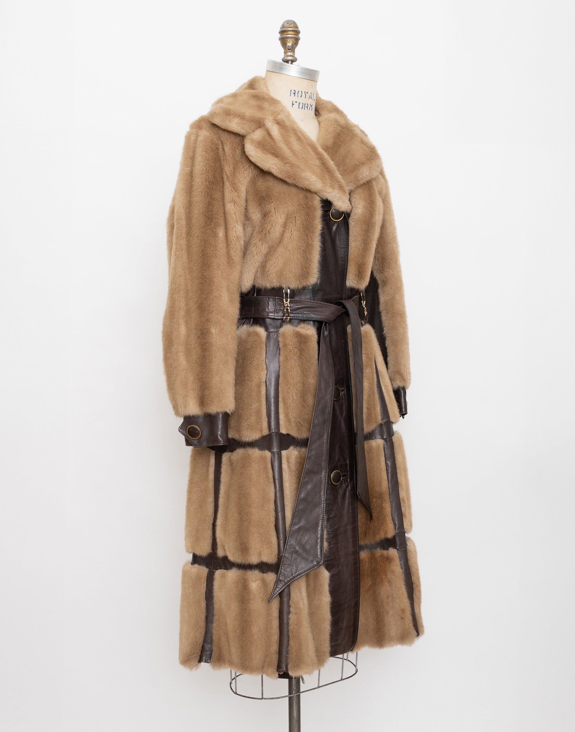 70s tissavel france beige faux fur and brown leather panel coat