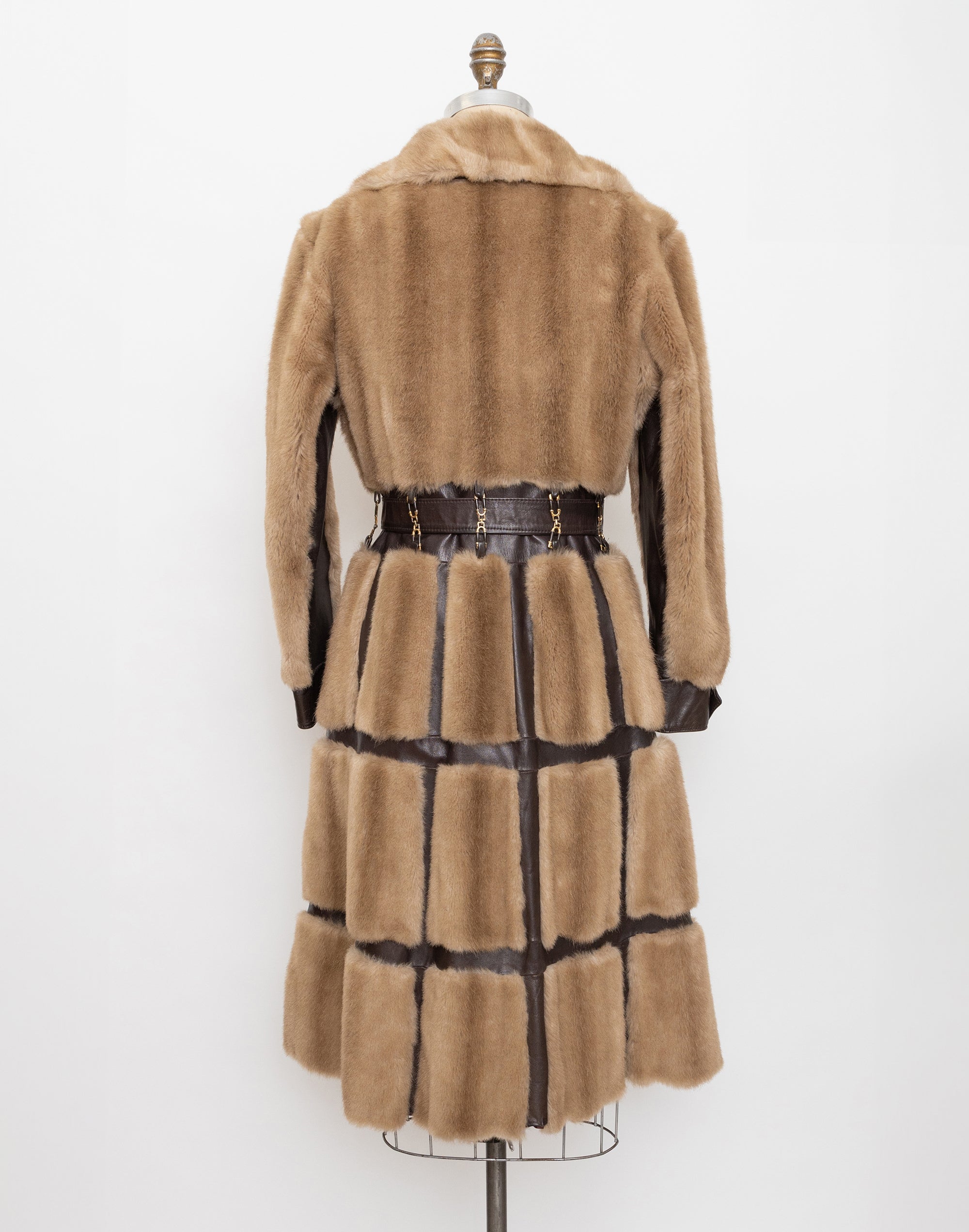 70s tissavel france beige faux fur and brown leather panel coat