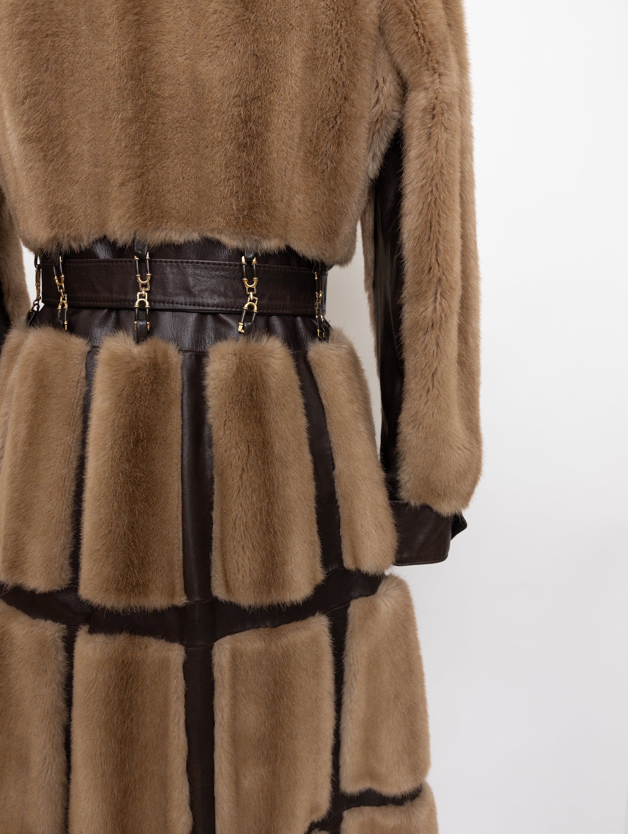 70s tissavel france beige faux fur and brown leather panel coat