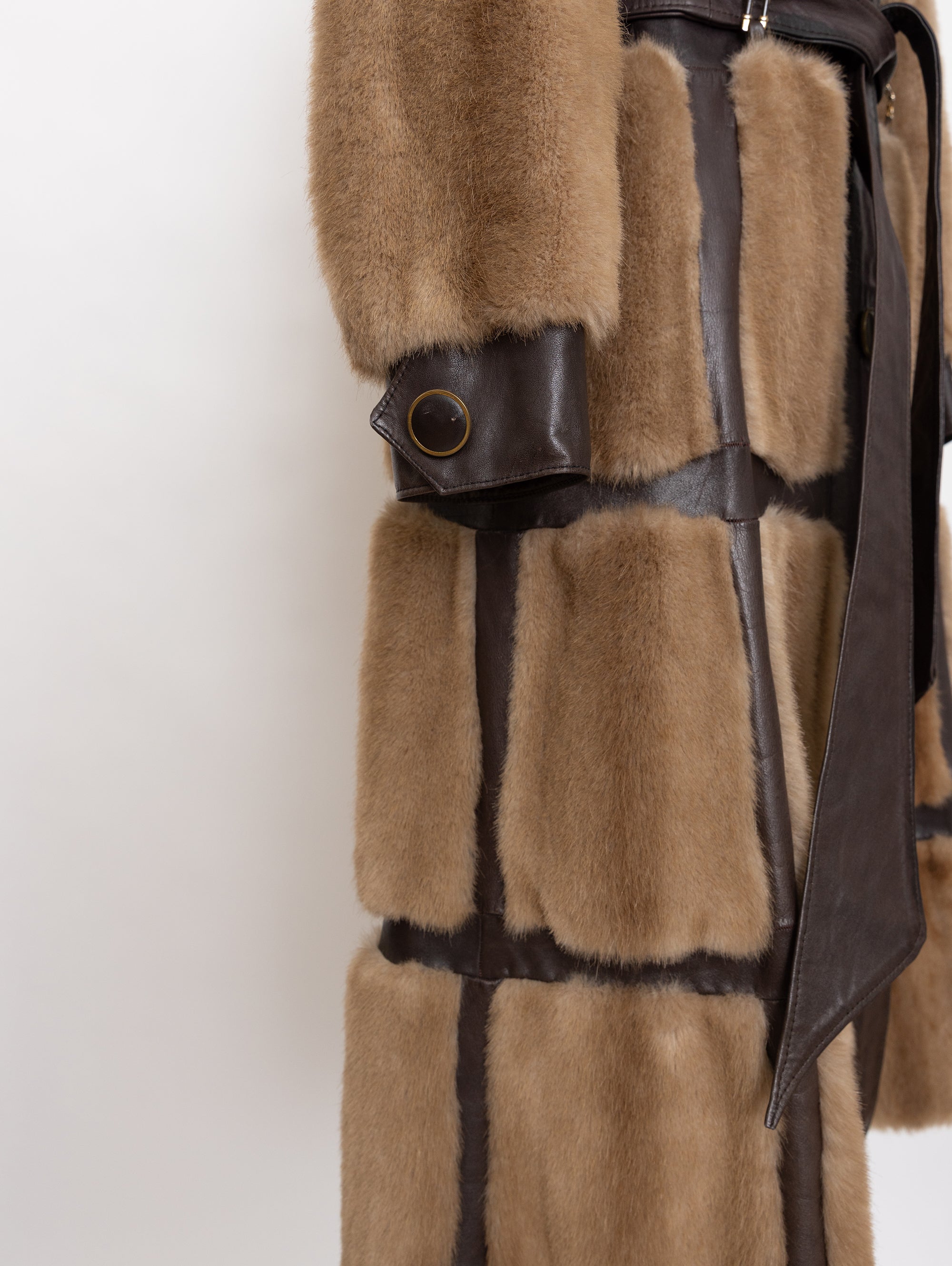70s tissavel france beige faux fur and brown leather panel coat