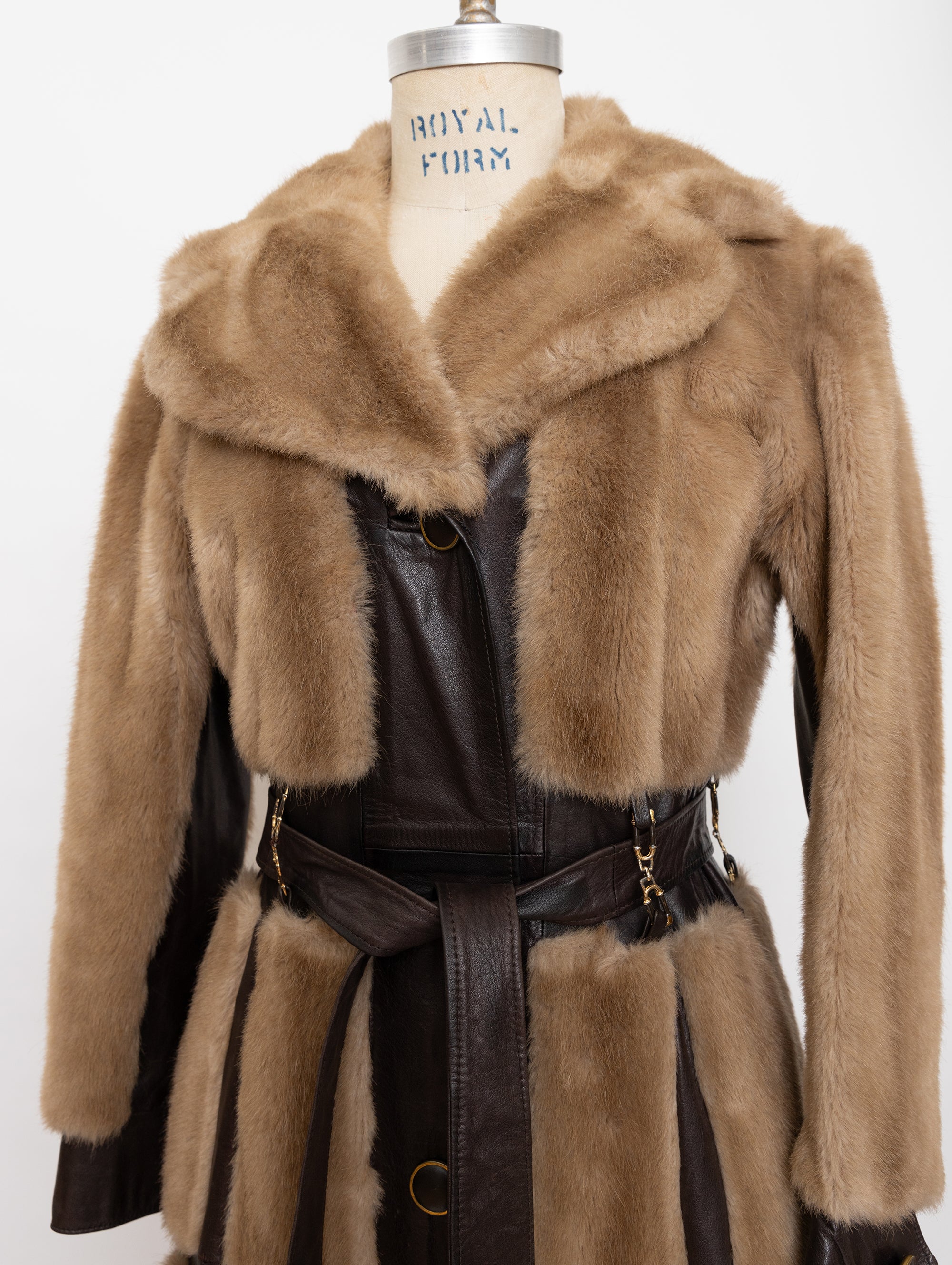 70s tissavel france beige faux fur and brown leather panel coat