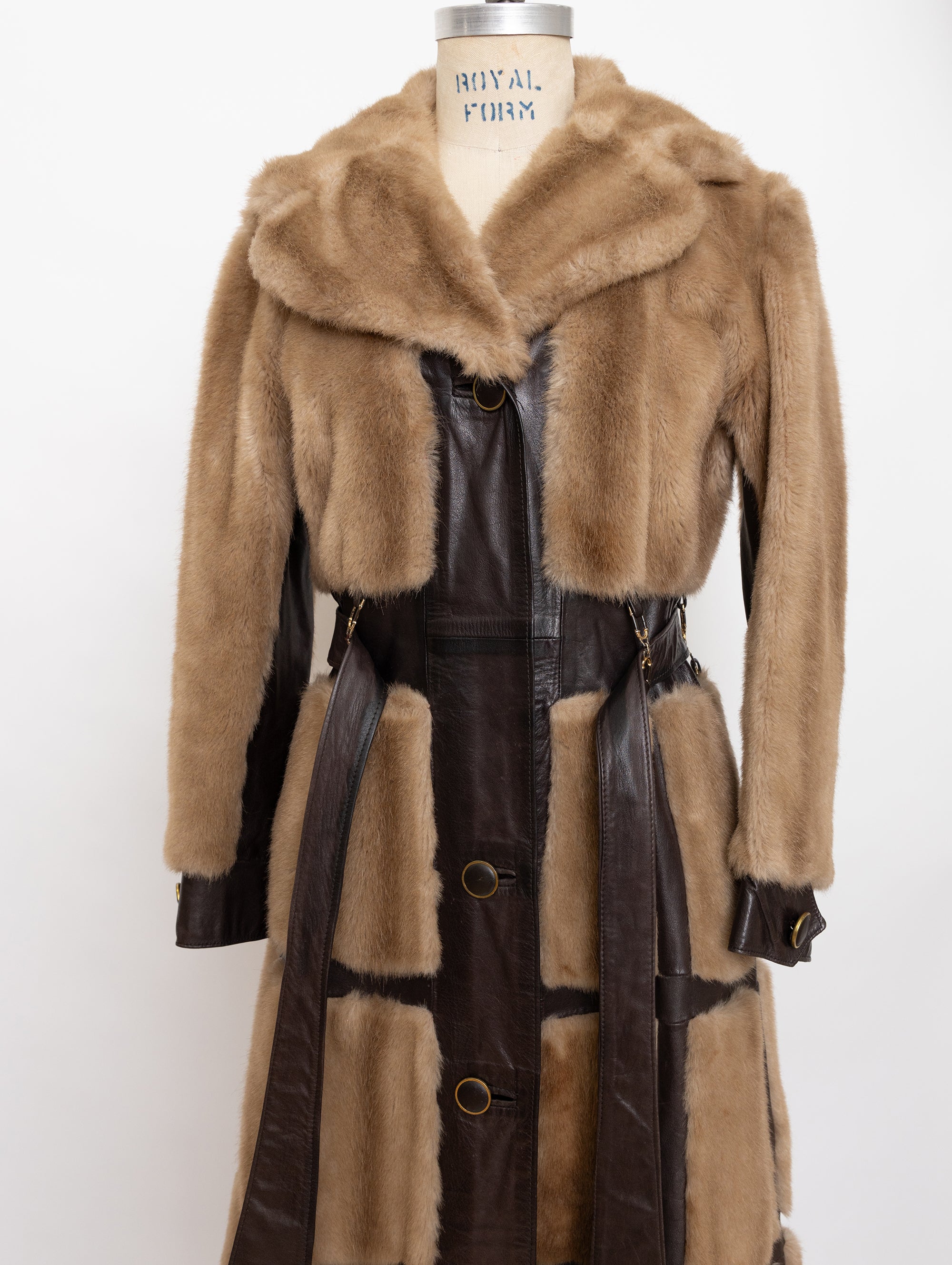 70s tissavel france beige faux fur and brown leather panel coat