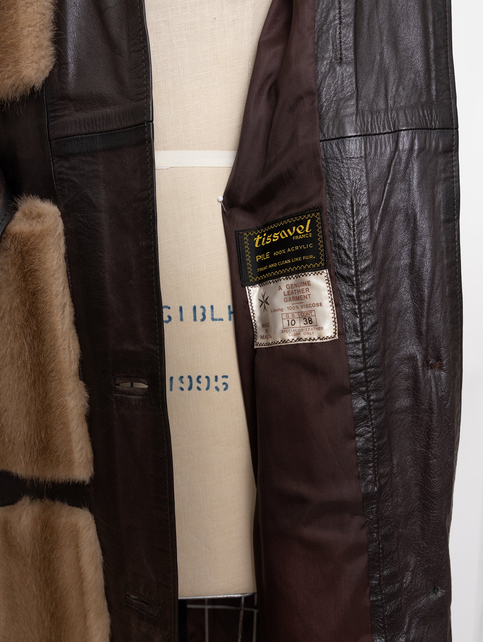70s tissavel france beige faux fur and brown leather panel coat