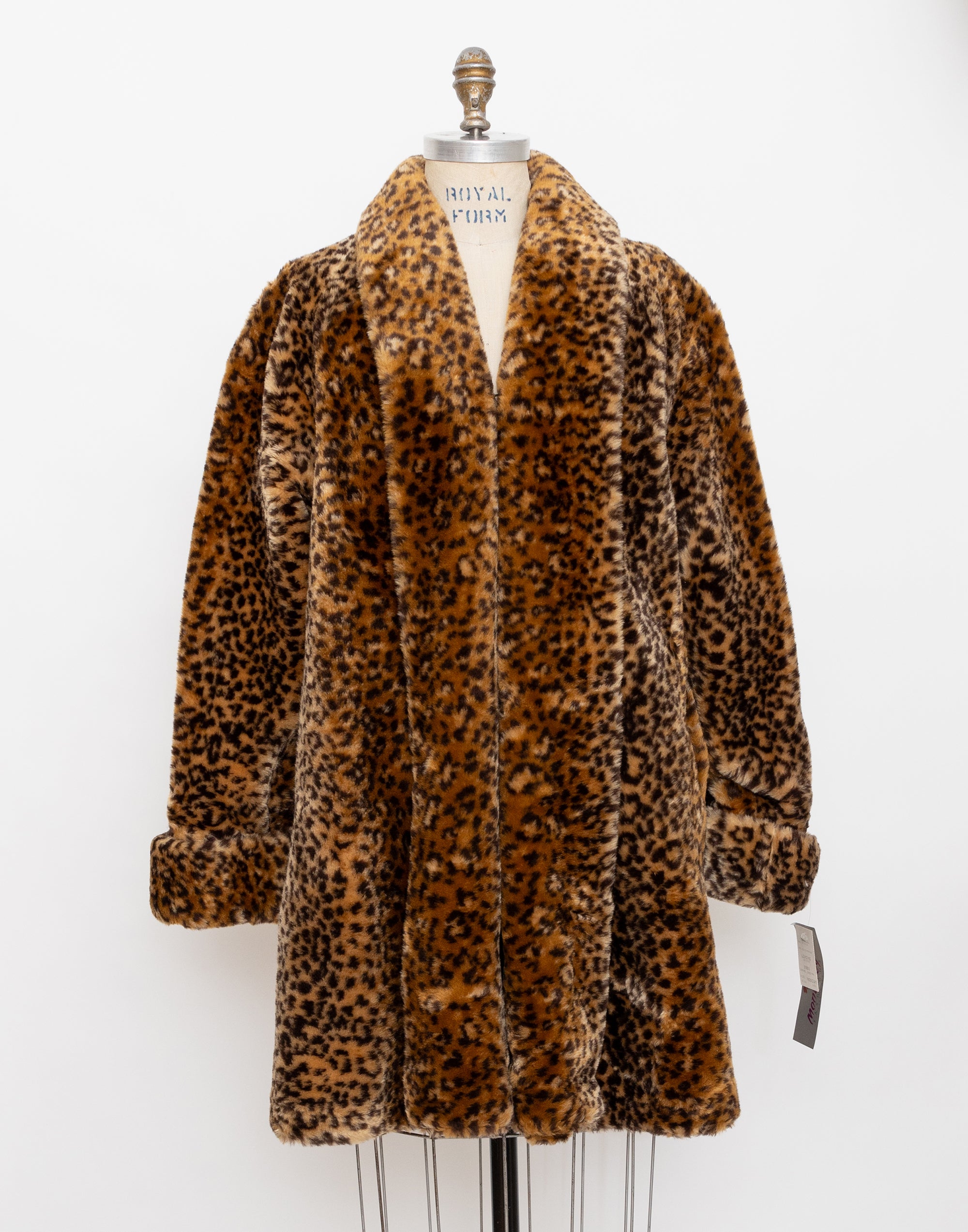 90s leopard print long faux fur swing coat