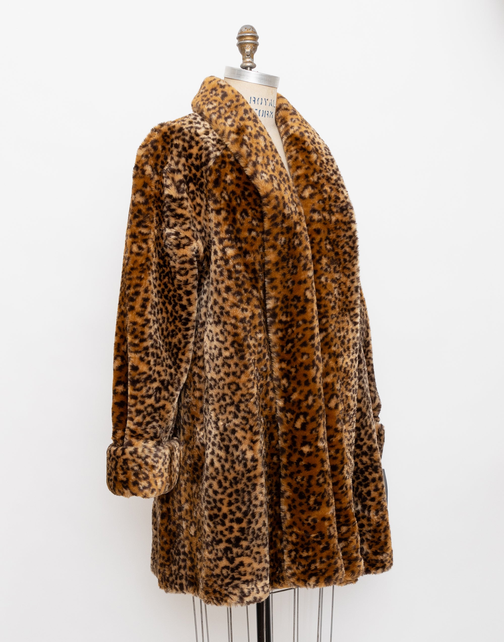 90s leopard print long faux fur swing coat