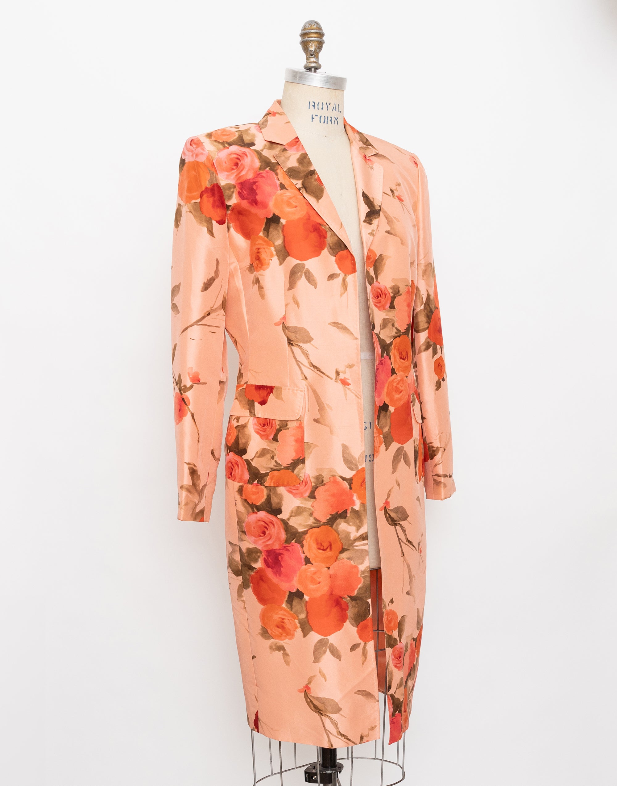 2000s Anne Klein peachy-pink rose print silk lightweight duster jacket 2