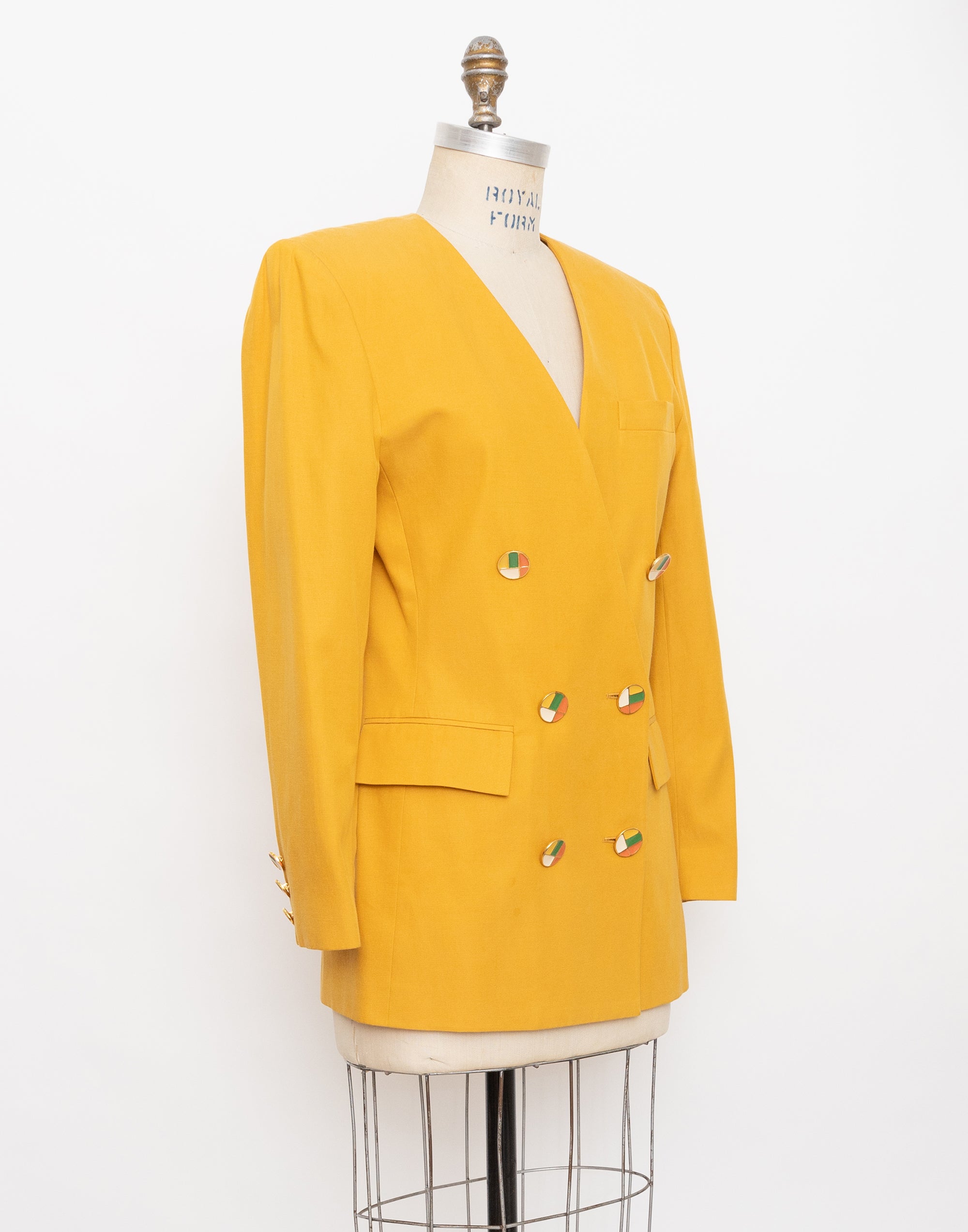 90s Lillie Rubin mustard silk + cotton double-breasted blazer with abstract colorful buttons 2