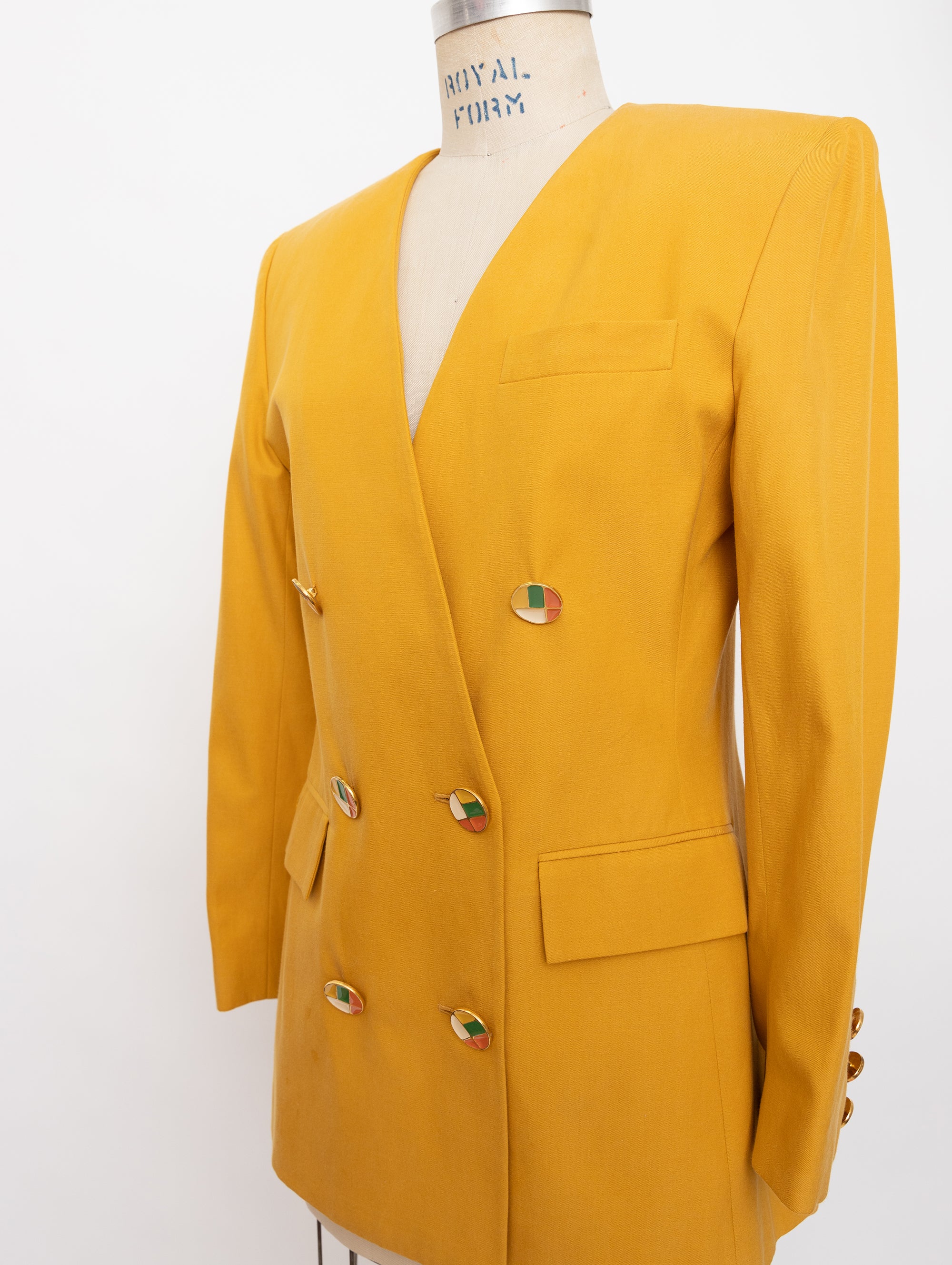 90s Lillie Rubin mustard silk + cotton double-breasted blazer with abstract colorful buttons 5