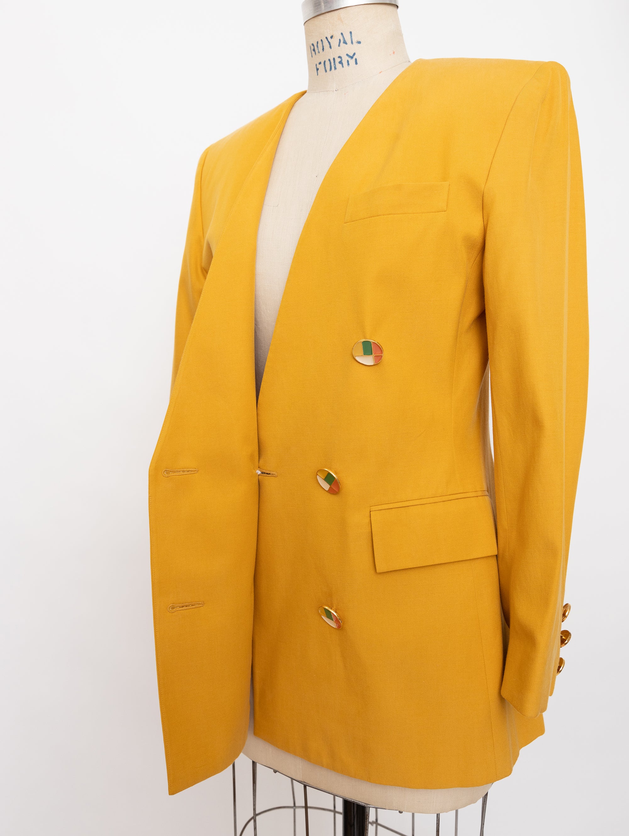 90s Lillie Rubin mustard silk + cotton double-breasted blazer with abstract colorful buttons 6