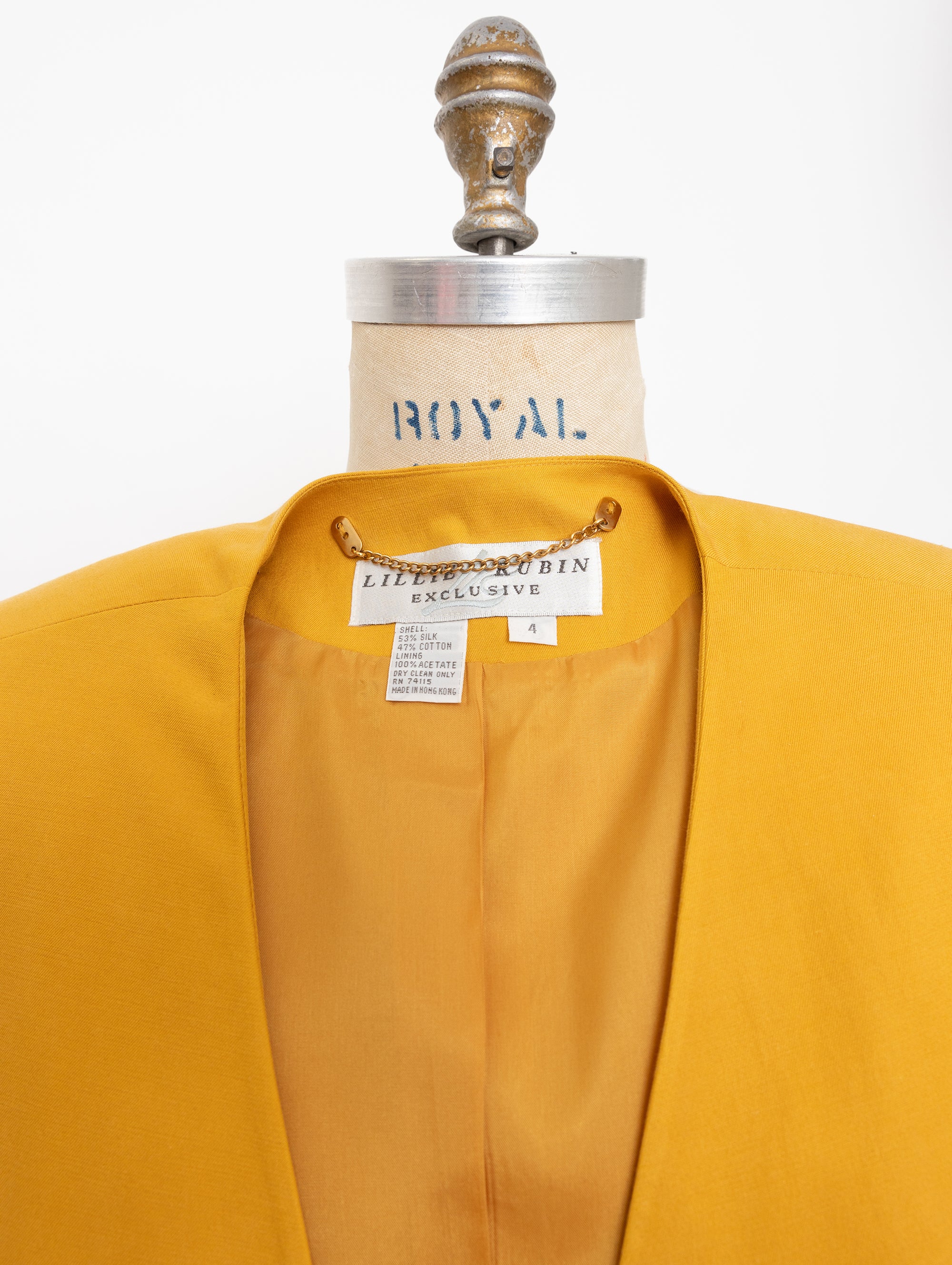 90s Lillie Rubin mustard silk + cotton double-breasted blazer with abstract colorful buttons 7