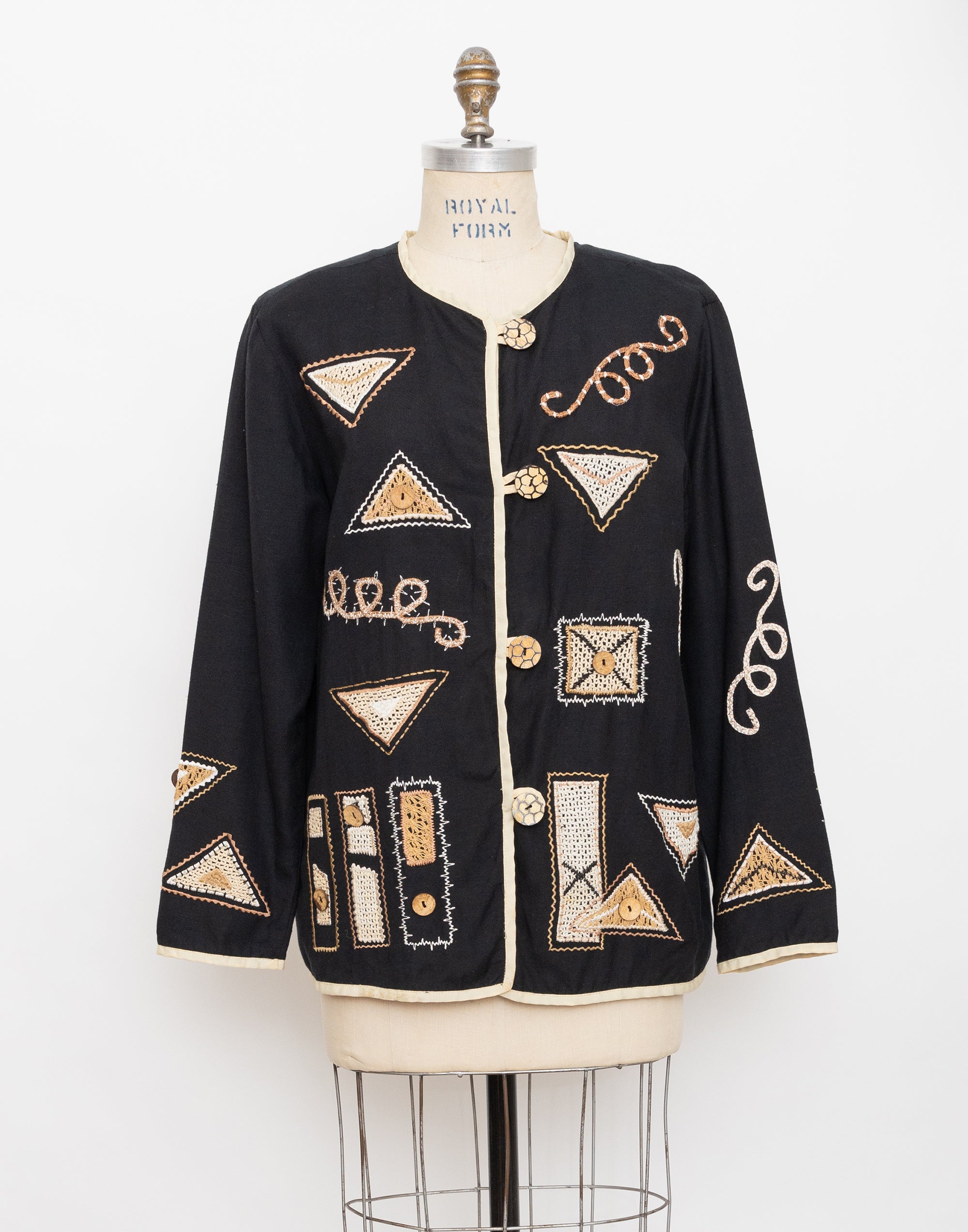 90s black and beige abstract crochet patch jacket