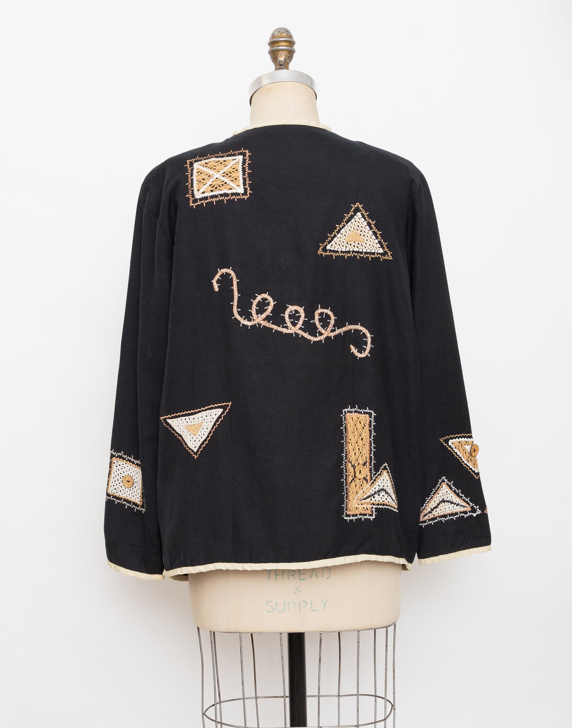 90s black and beige abstract crochet patch jacket