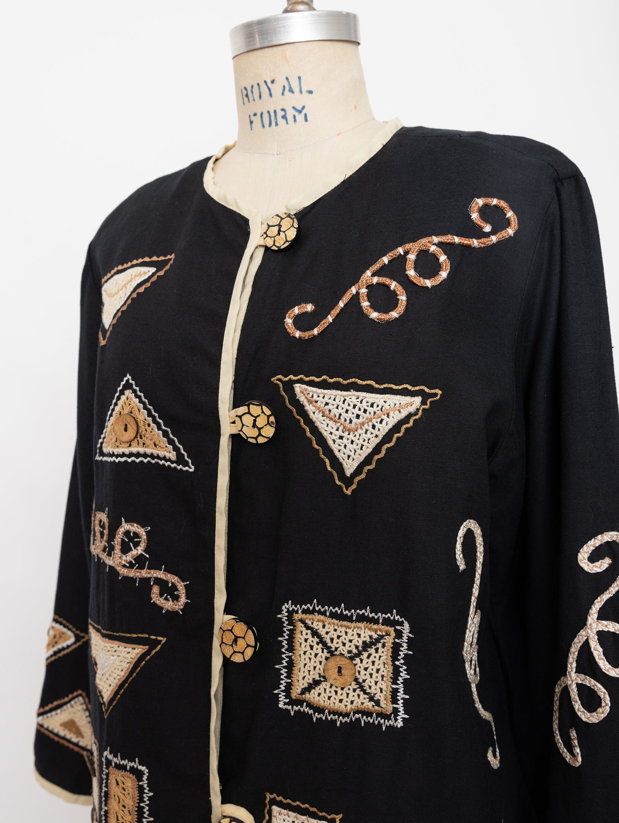 90s black and beige abstract crochet patch jacket