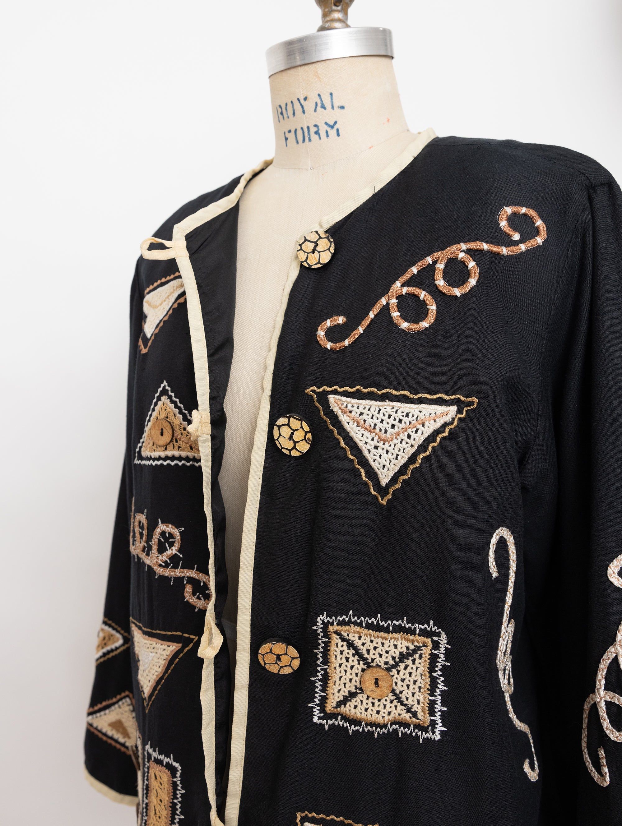 90s black and beige abstract crochet patch jacket
