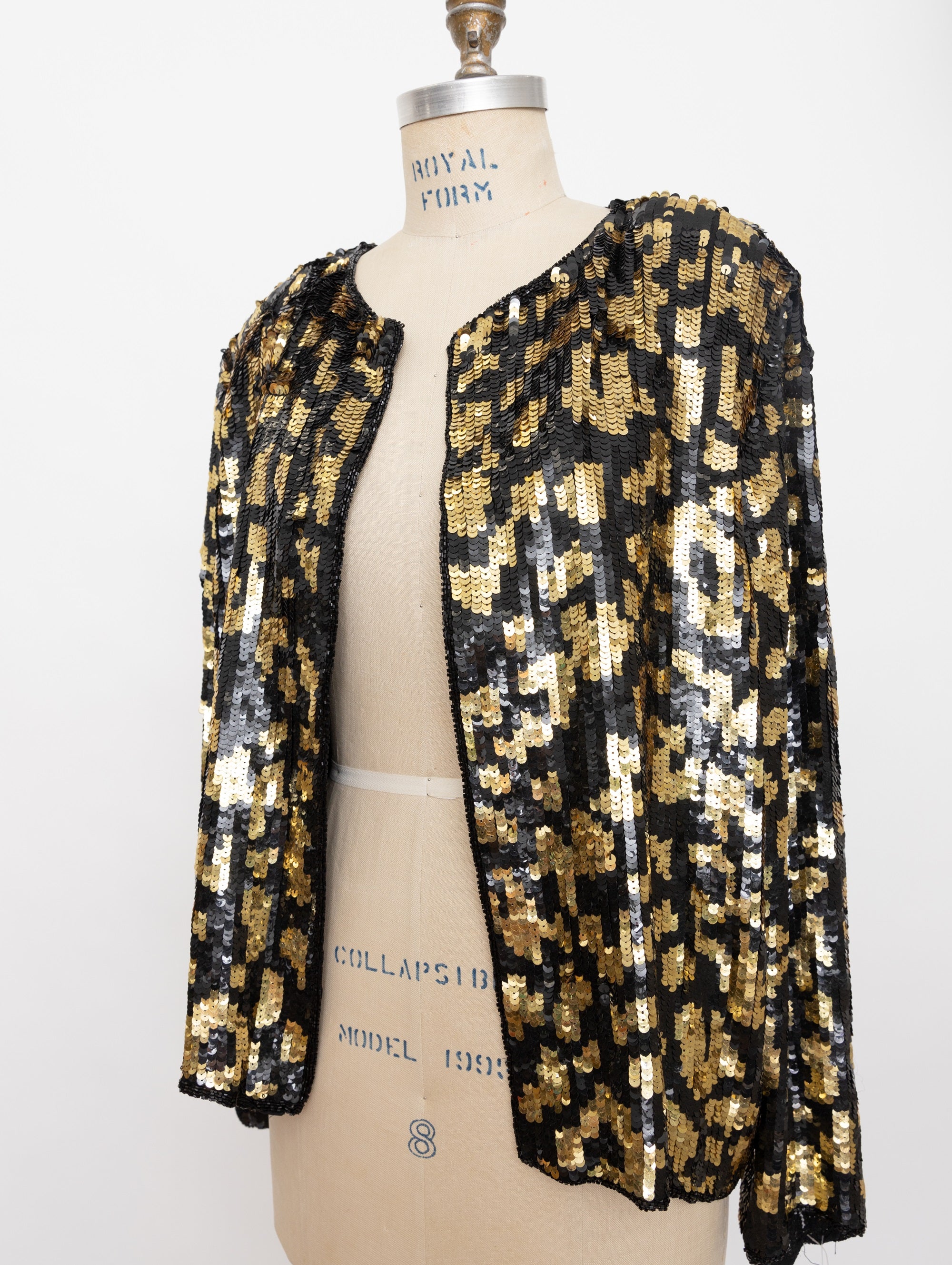 80s black and gold leopard print sequin jacket