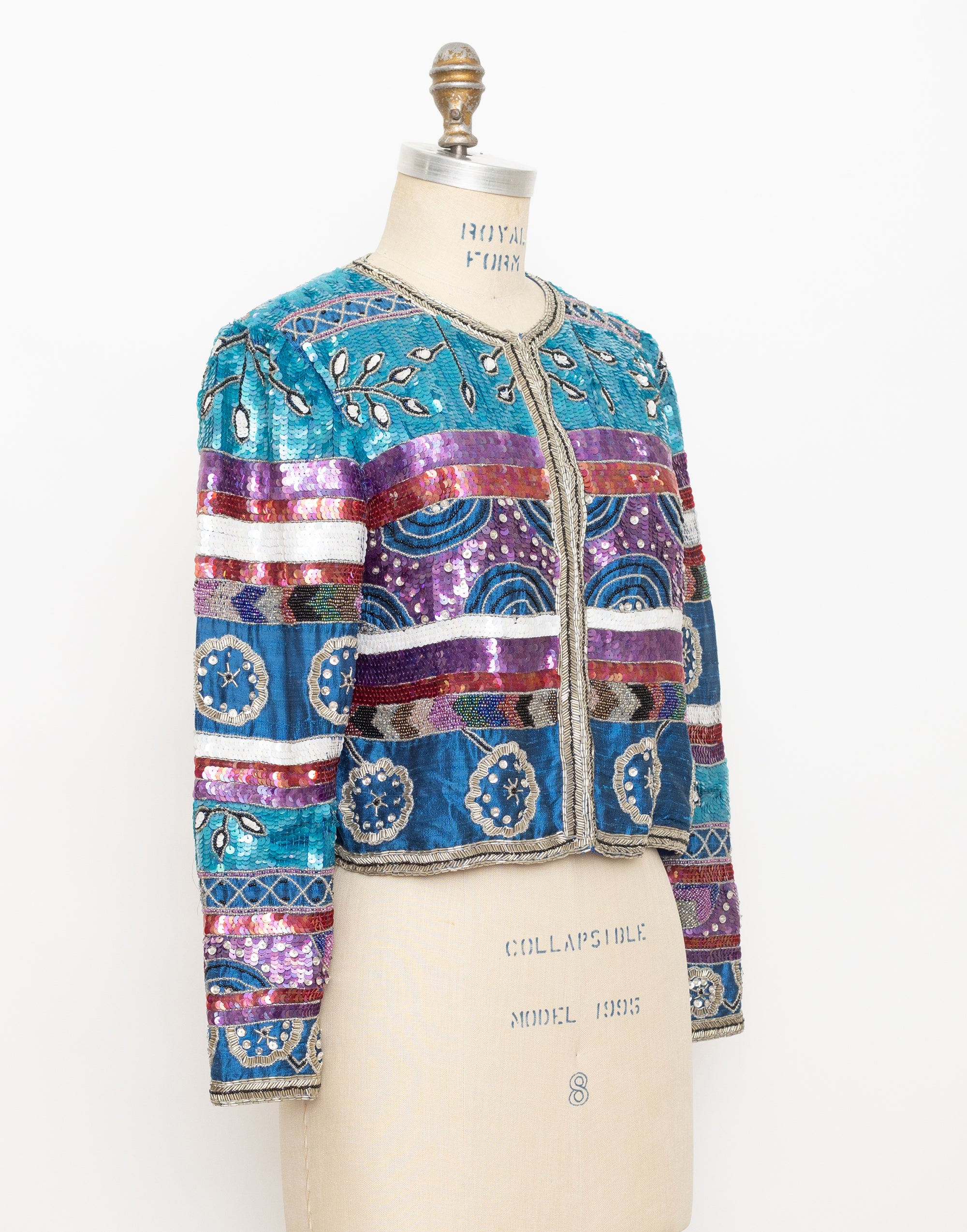 90s turquoise striped floral sequin jacket