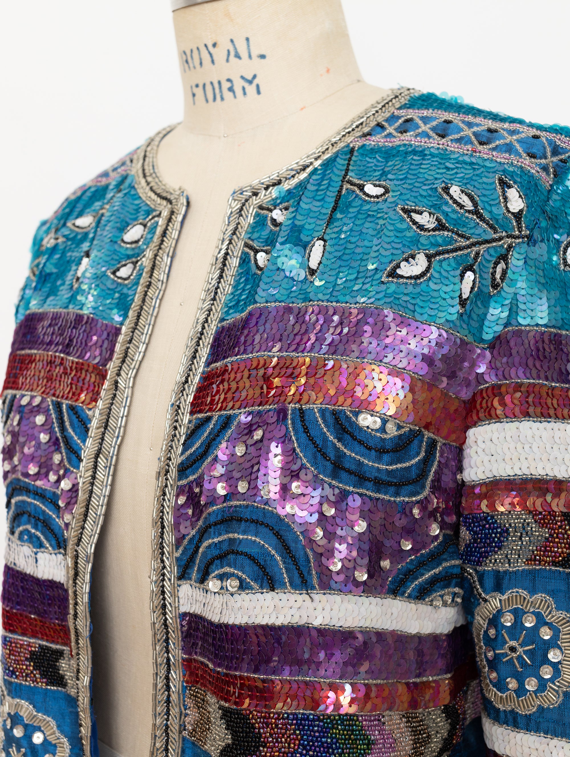 90s turquoise striped floral sequin jacket