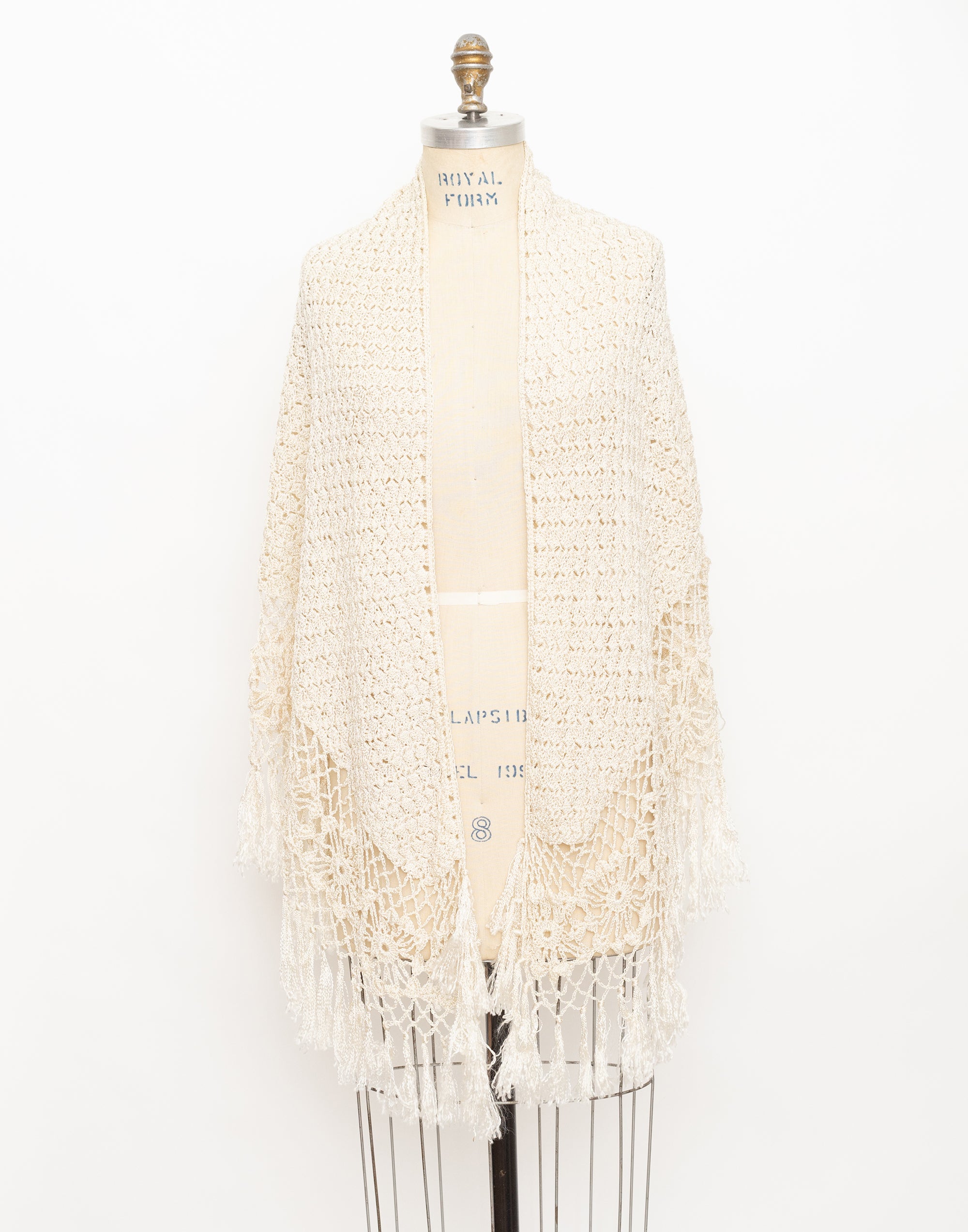 70s cream crochet fringe wrap