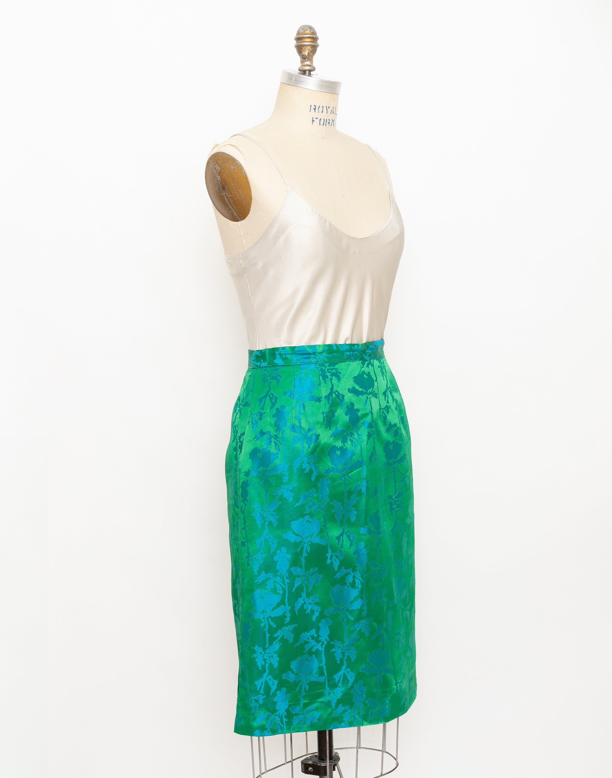 60s green and blue floral jacquard skirt