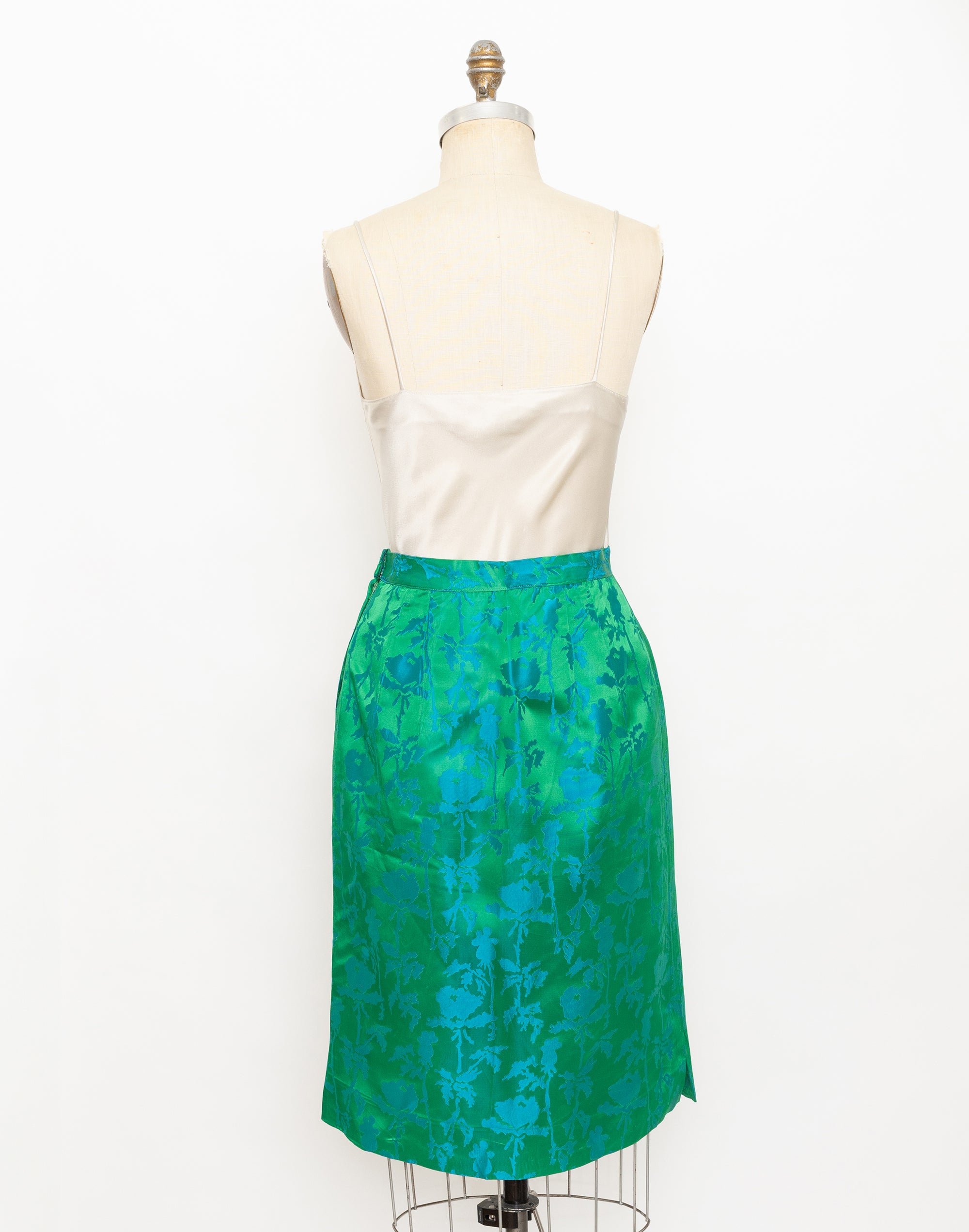 60s green and blue floral jacquard skirt