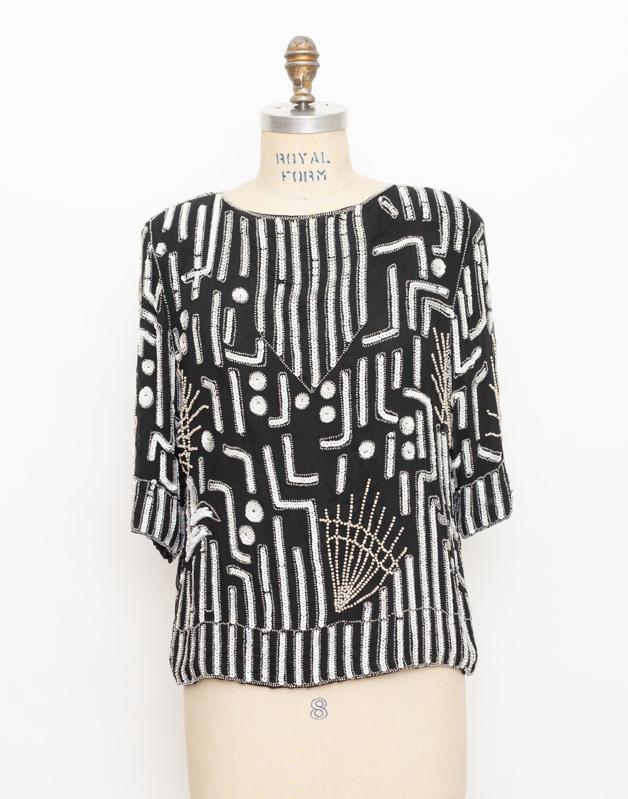 90s black and white abstract sequin short sleeve top