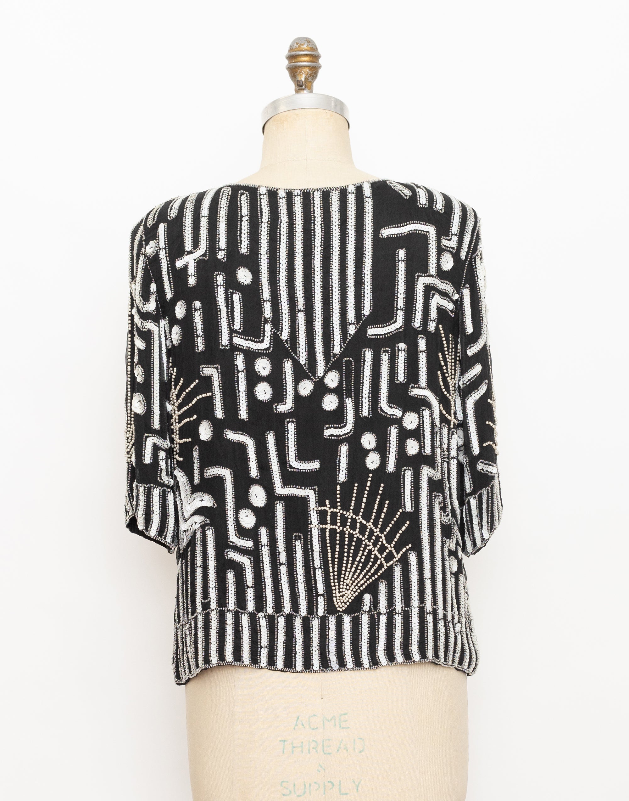 90s black and white abstract sequin short sleeve top