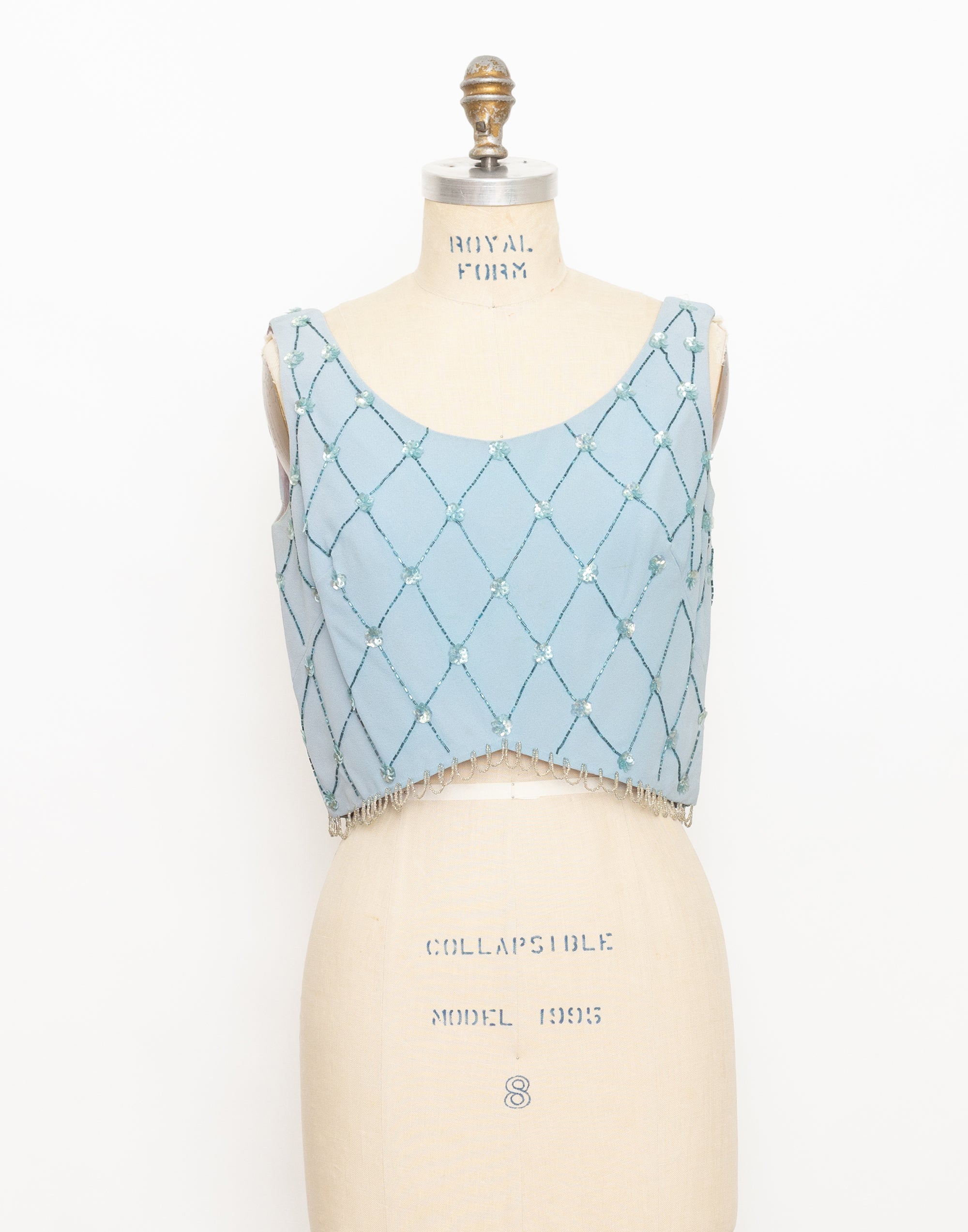 60s light blue beaded diamond flower pattern tank top