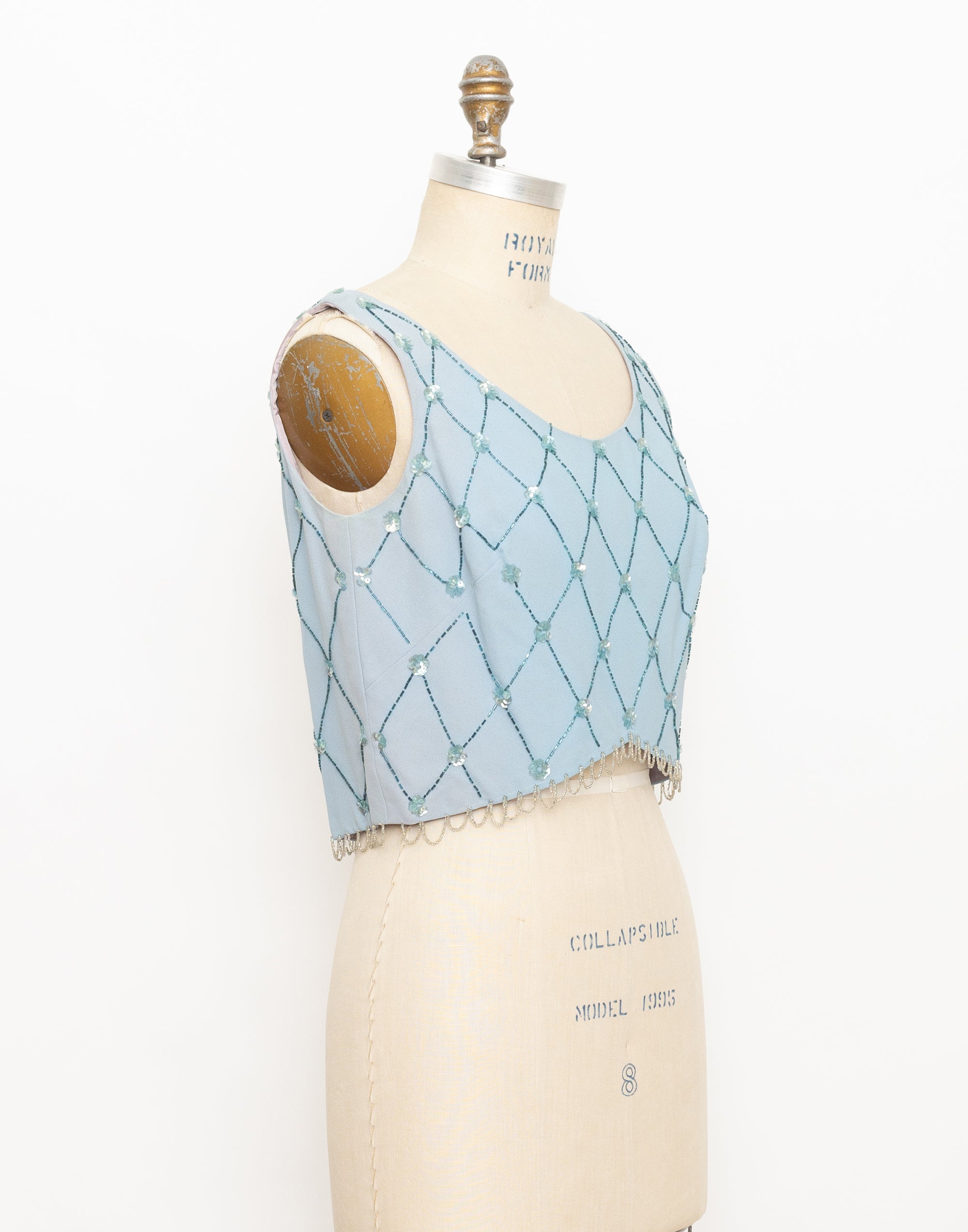 60s light blue beaded diamond flower pattern tank top