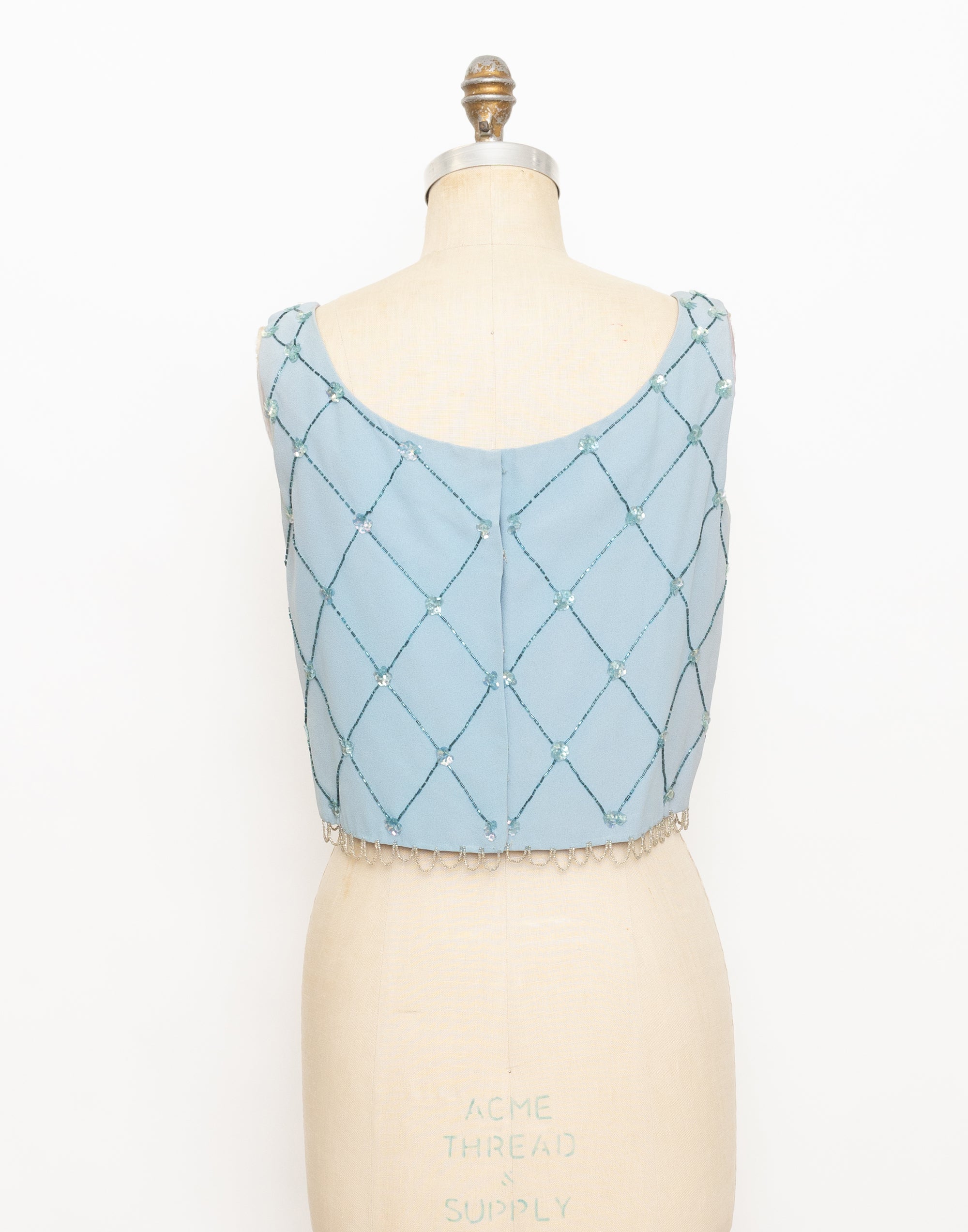 60s light blue beaded diamond flower pattern tank top