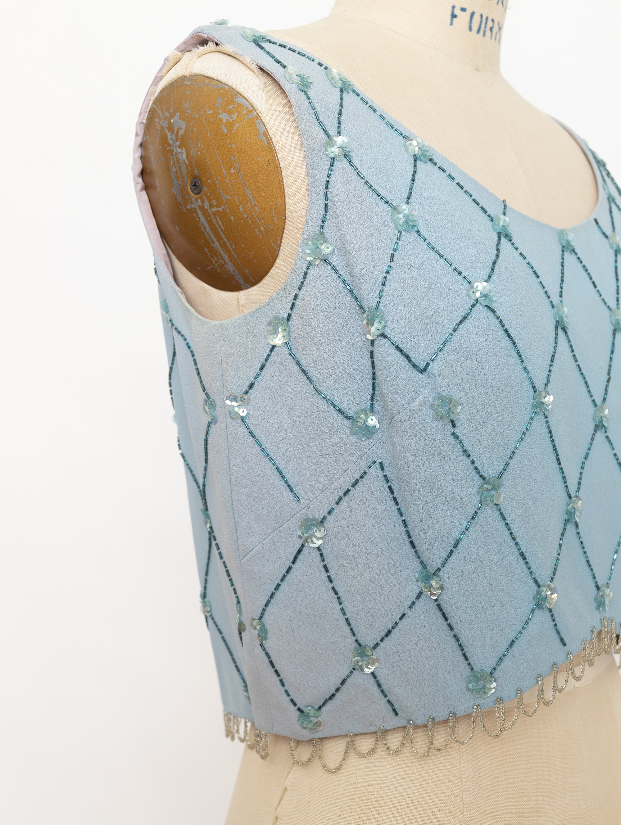 60s light blue beaded diamond flower pattern tank top