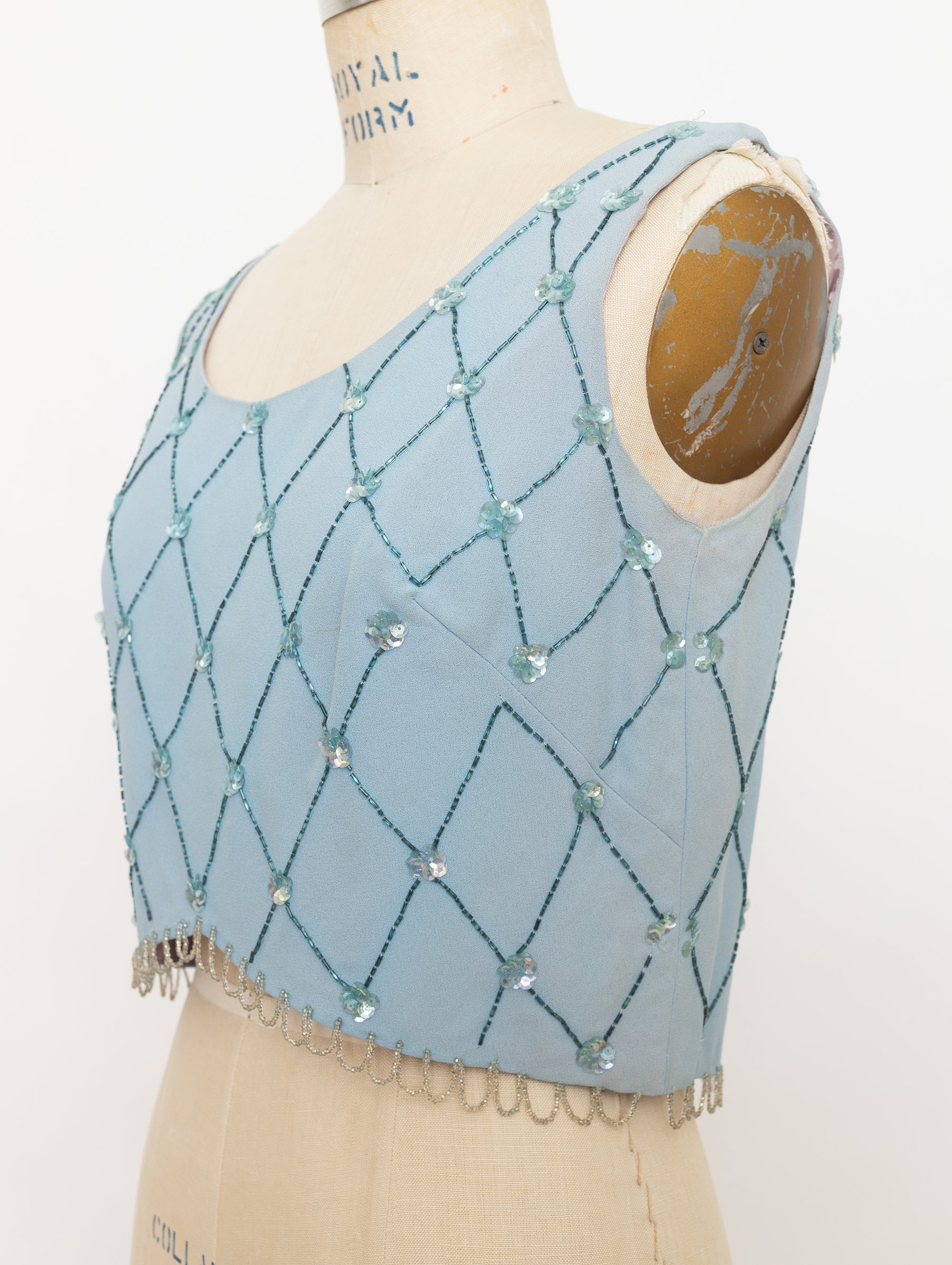 60s light blue beaded diamond flower pattern tank top
