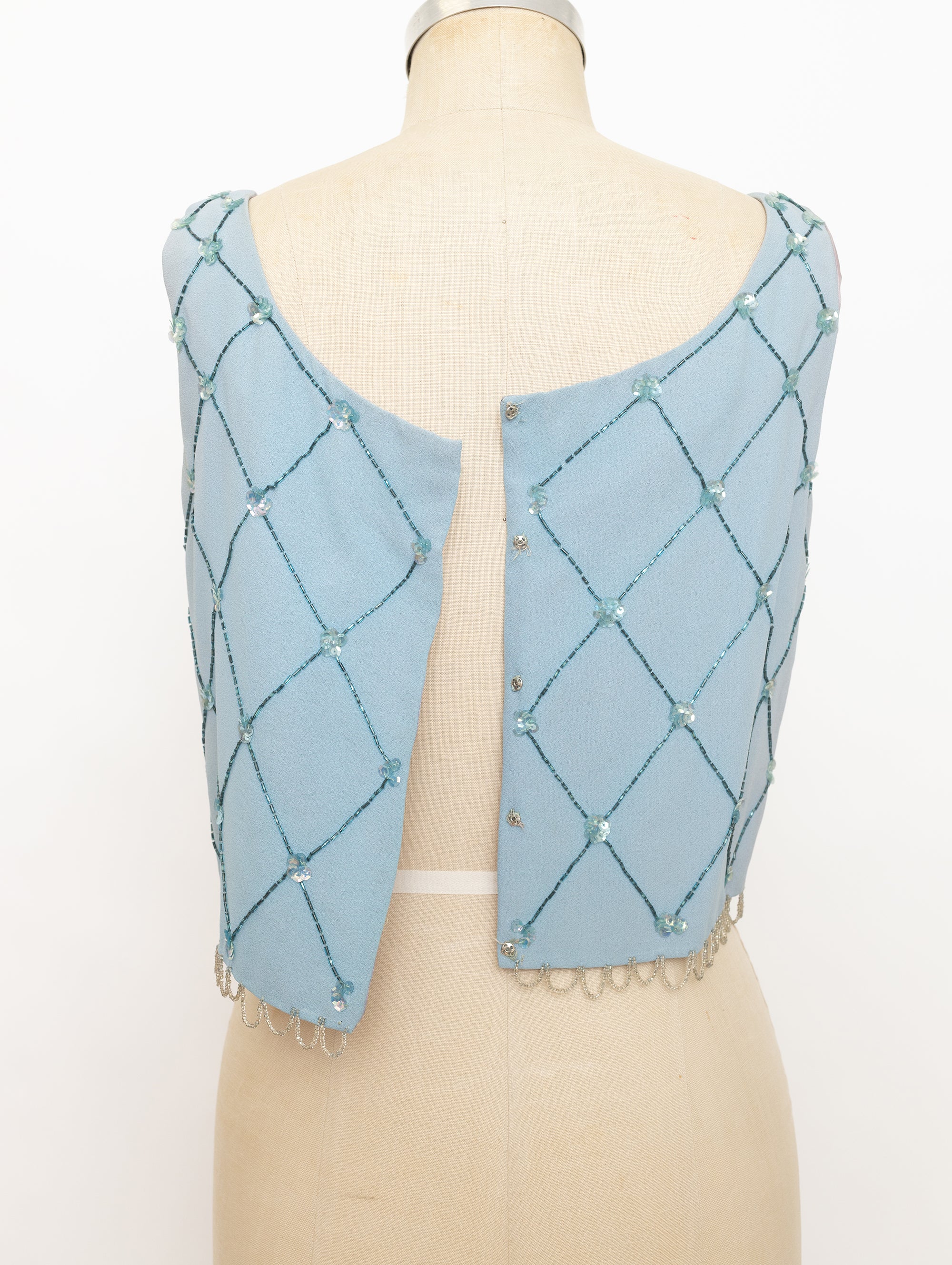60s light blue beaded diamond flower pattern tank top