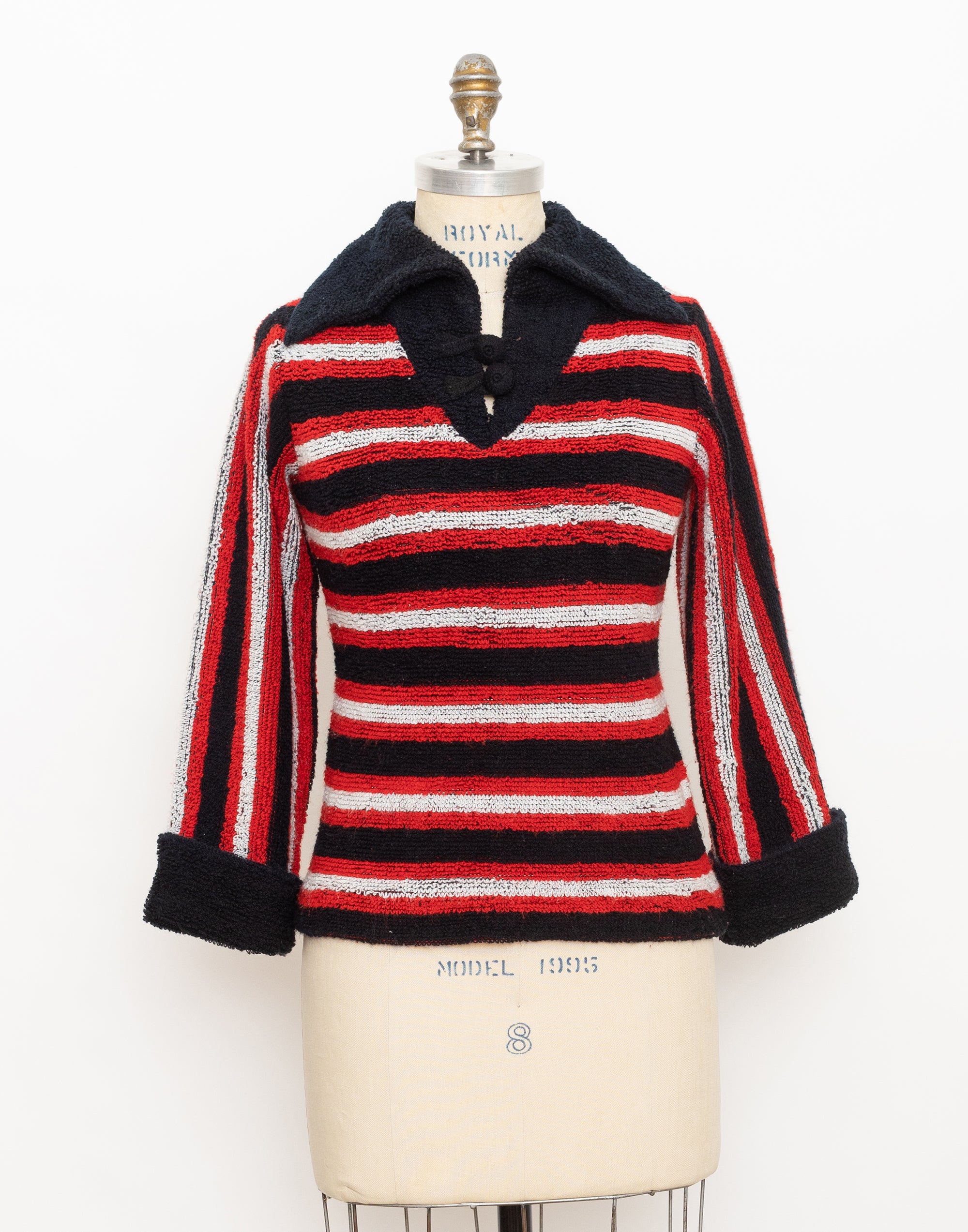 70s black red white striped terry cloth sailor top