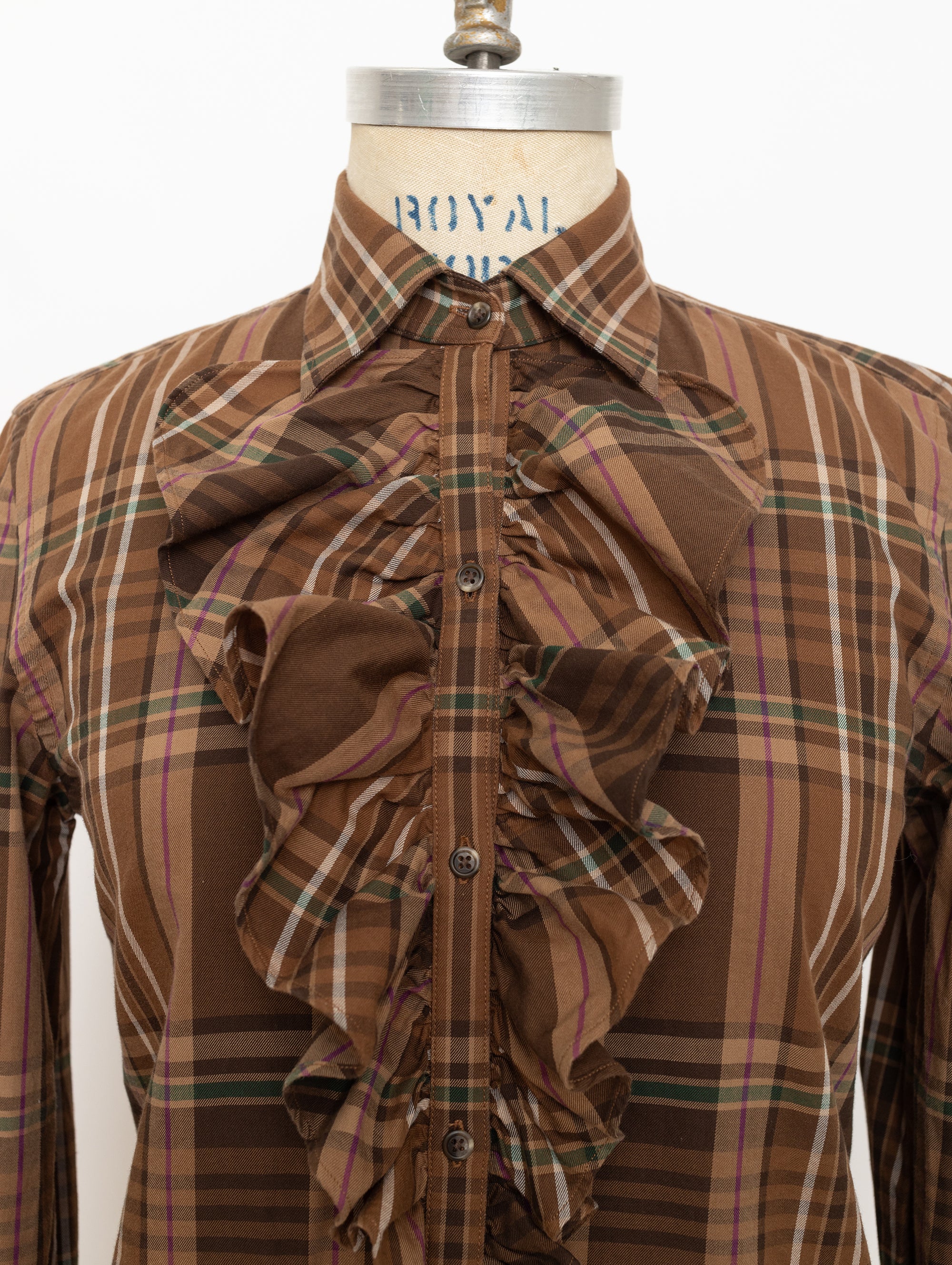 90s ralph lauren brown plaid ruffle long sleeve top