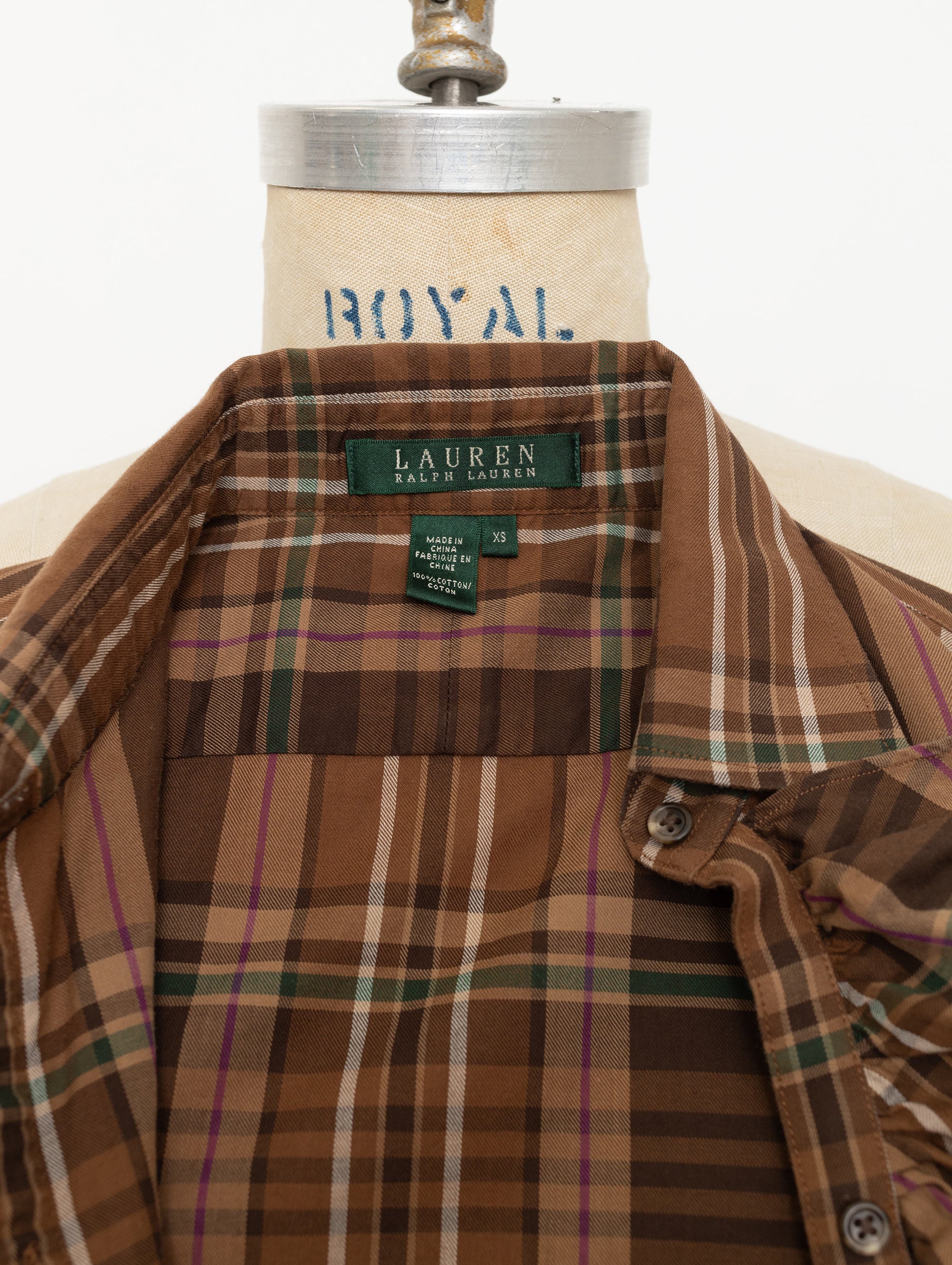 90s ralph lauren brown plaid ruffle long sleeve top