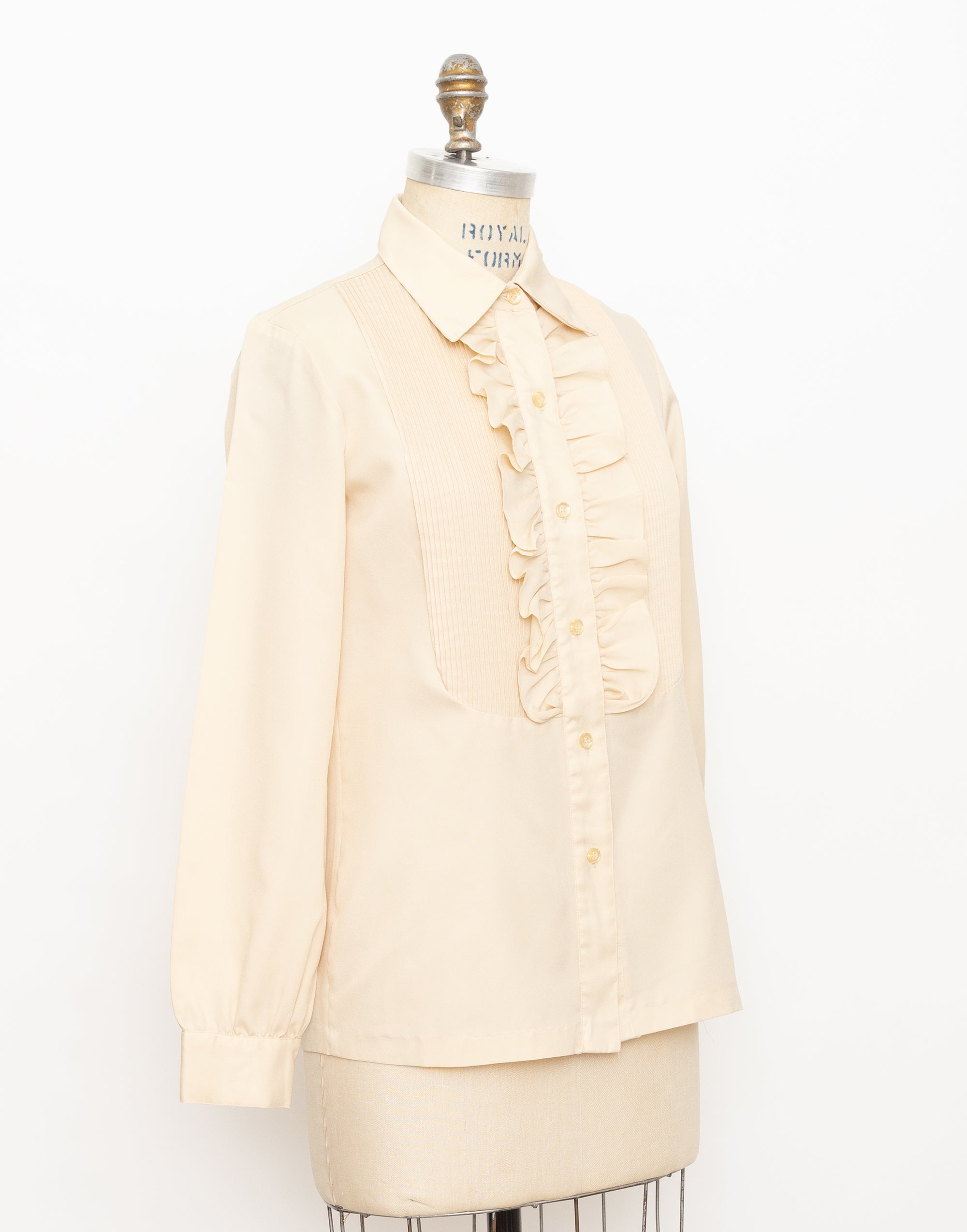 70s john meyer beige ruffle long sleeve tuxedo top